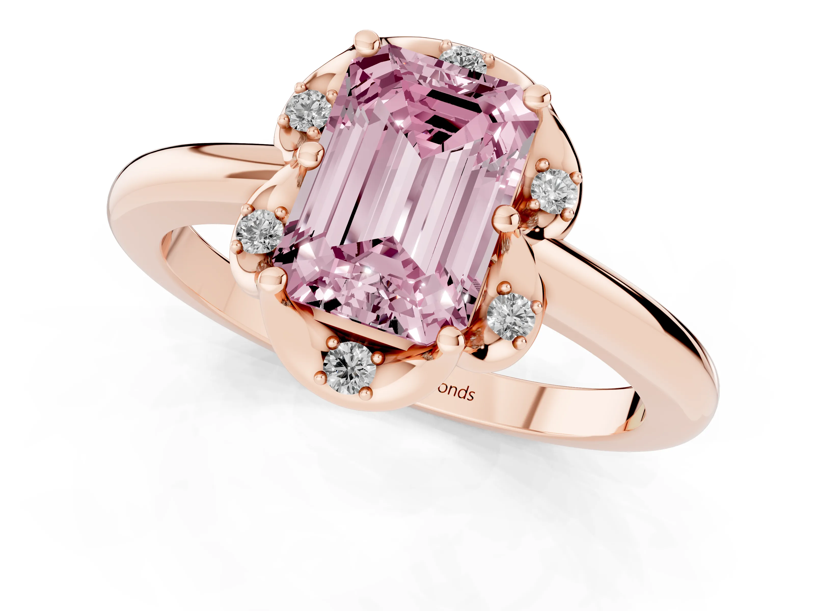 Fancy Pink Emerald Cut Diamond Round Cluster Halo Ring Set in Rose gold with Solitaire Band and Prong Setting