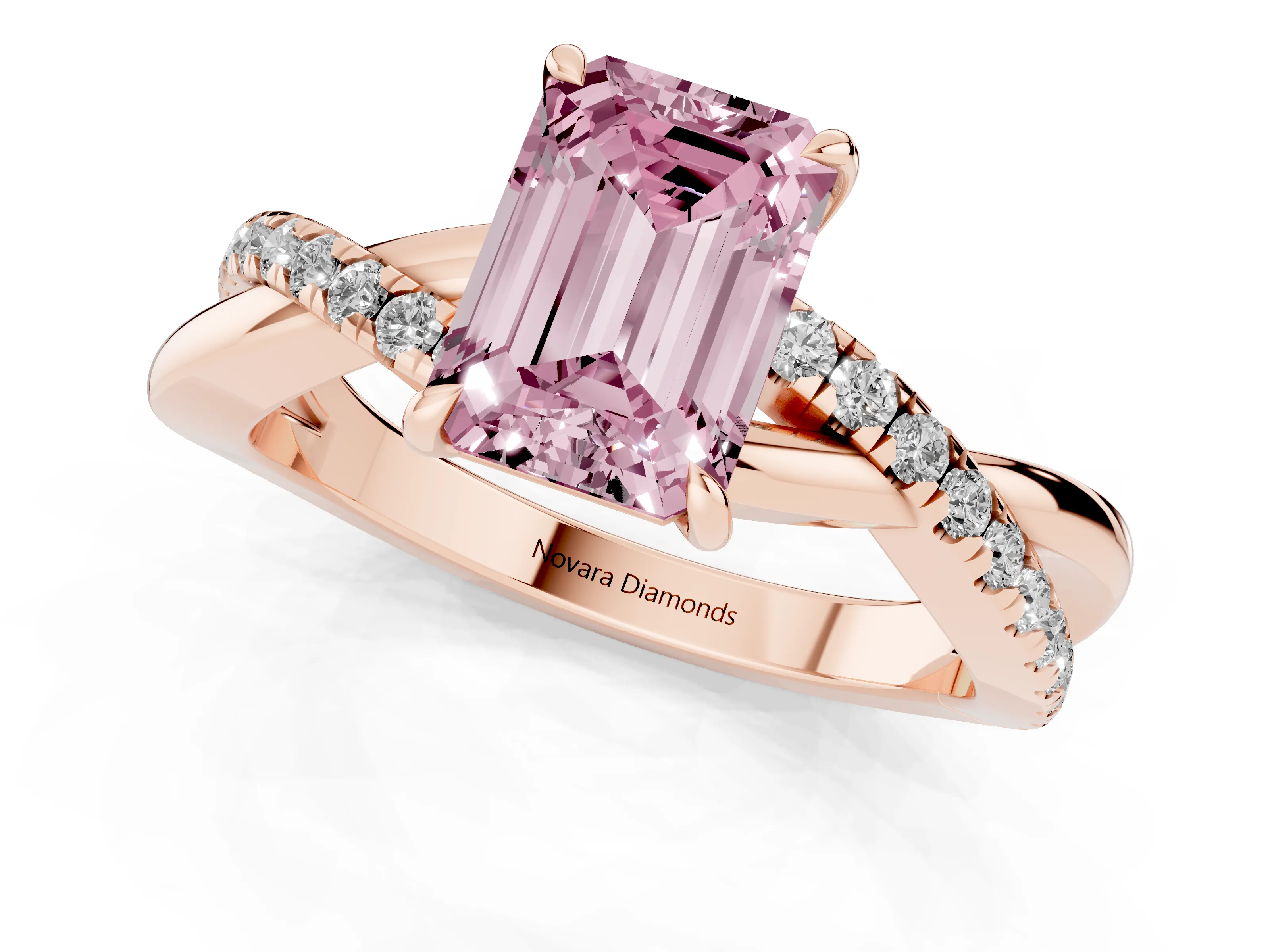 Fancy Pink Emerald Cut Diamond Twisted Pavé Band Ring Set in Rose gold with Prong Setting