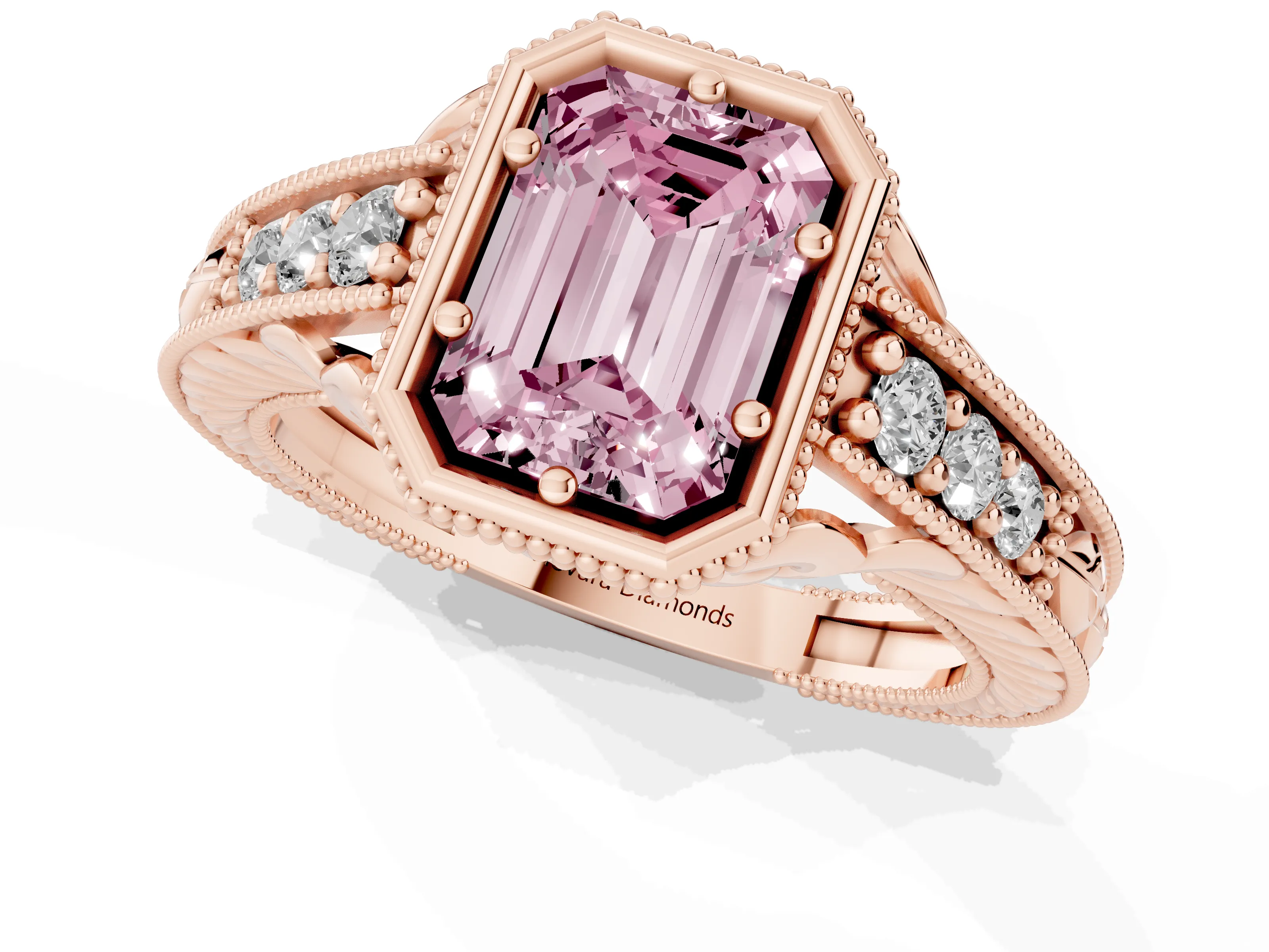 Fancy Pink Bezel Set Emerald Cut Diamond Milgrain Pavé Engagement Ring Set in Rose gold