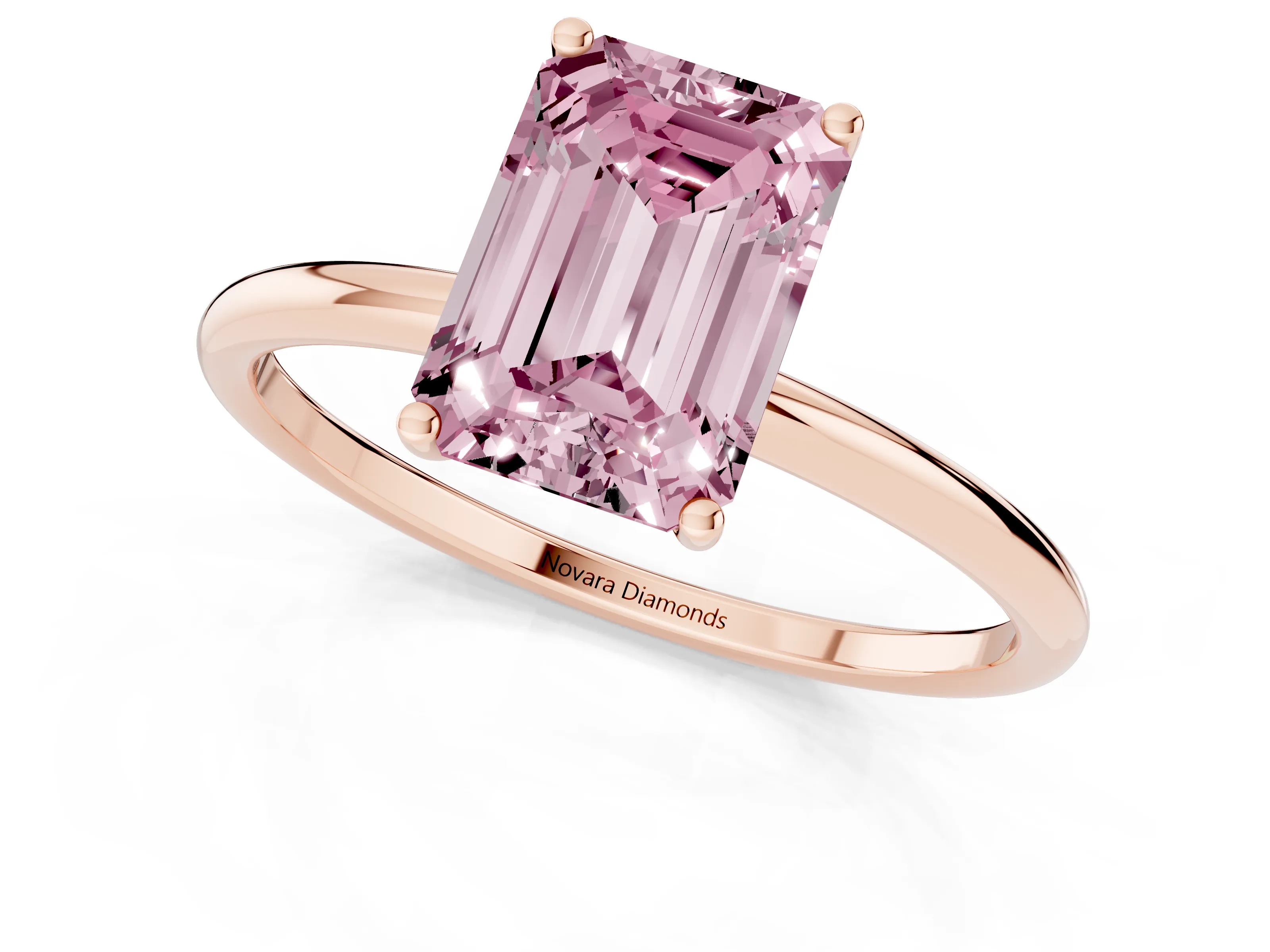 Fancy Pink Emerald Cut Diamond Solitaire Engagement Ring Set in Rose gold with Thin Band and Prong Setting