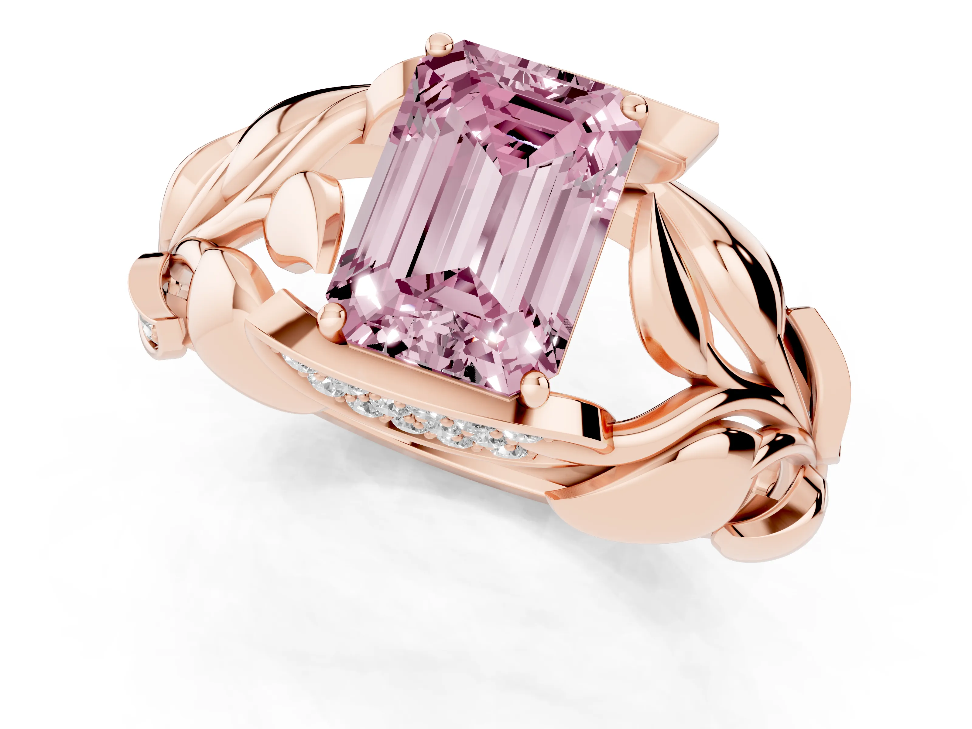 Fancy Pink Emerald Cut Diamond Leaf-Inspired Engagement Ring Set in Rose gold with Round Accents
