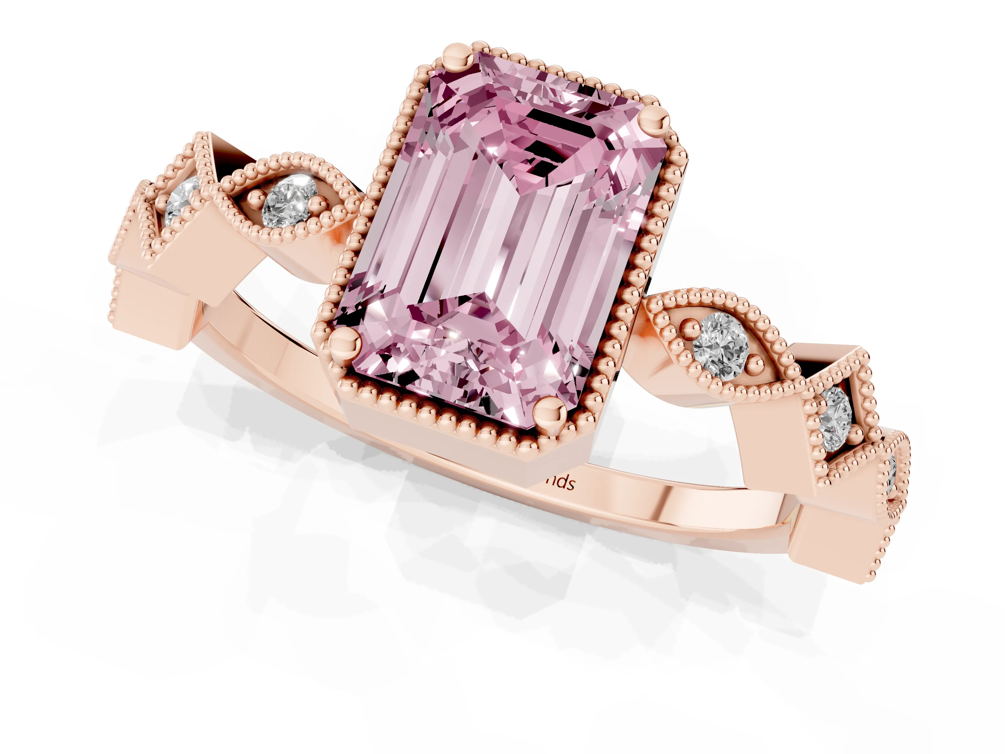 Fancy Pink Emerald Cut Diamond Milgrain Marquise Twist Band Ring Set in Rose gold with Prong Setting