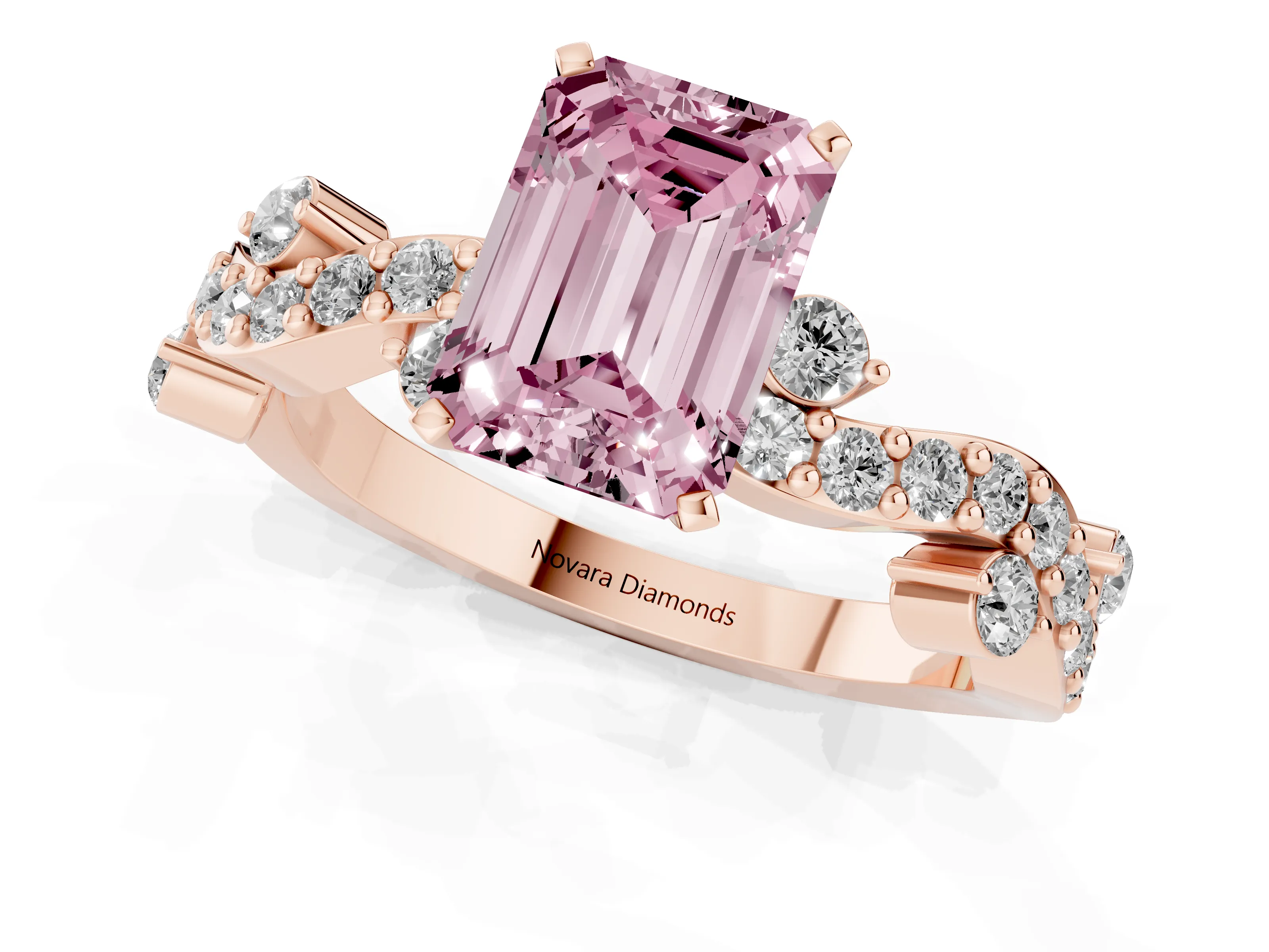 Fancy Pink Emerald Cut Diamond Solitaire Twisted Band Set in Rose gold with Pavé Setting