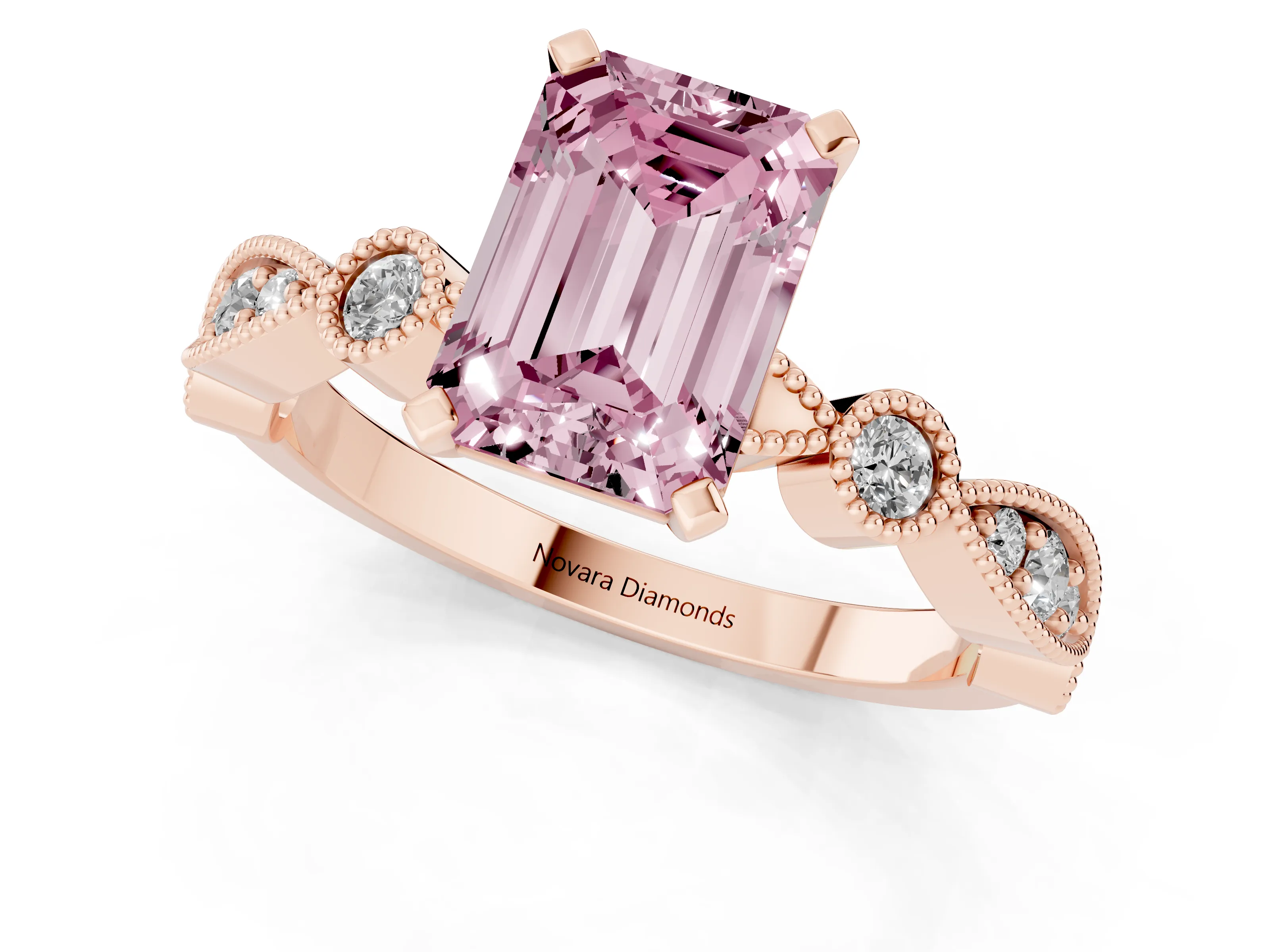 Fancy Pink Emerald Cut Diamond Solitaire Engagement Ring Set in Rose gold with Milgrain Bezel Accent Band