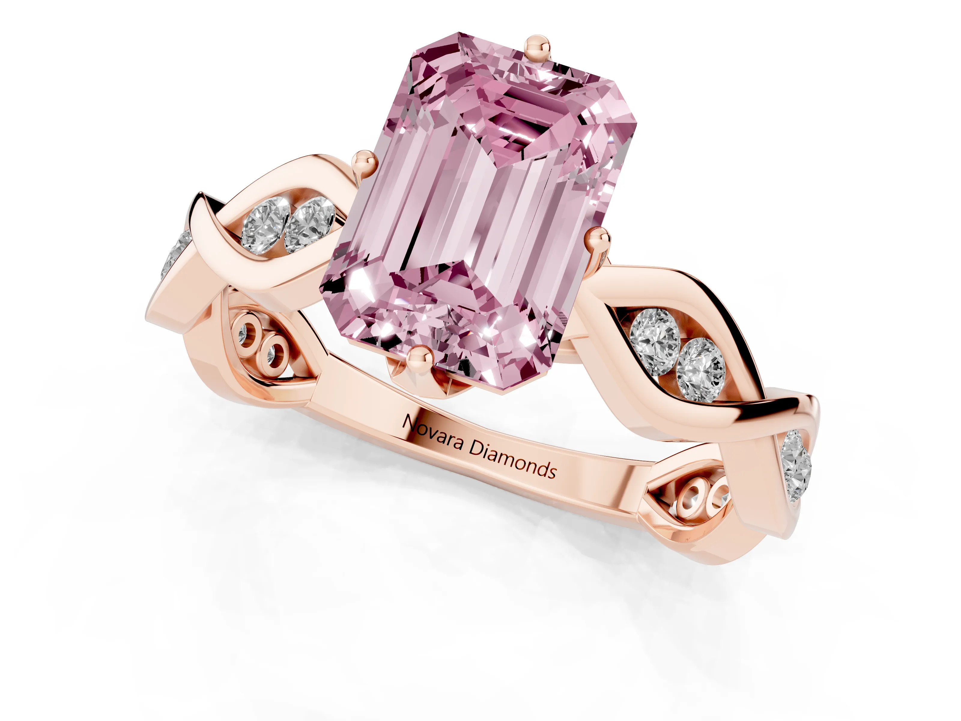 Fancy Pink Emerald Cut Diamond Twist Band Solitaire Ring Set in Rose gold with Leaf Prong Setting and Accent Stones
