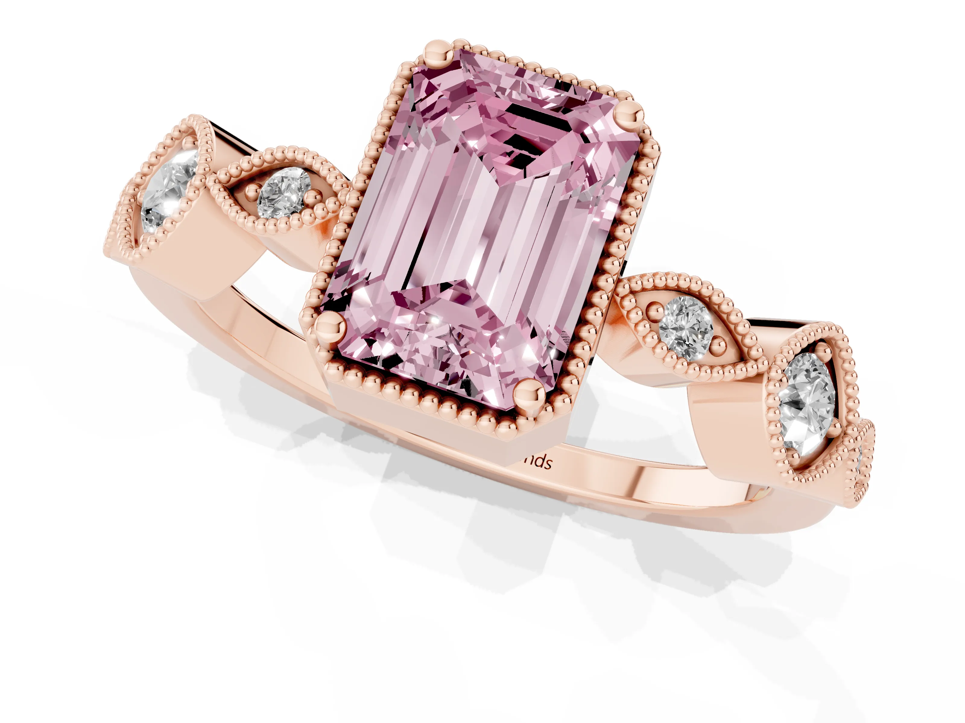 Fancy Pink Emerald Cut Diamond Vintage-Inspired Milgrain Ring Set in Rose gold with Marquise Stations of Round Accents