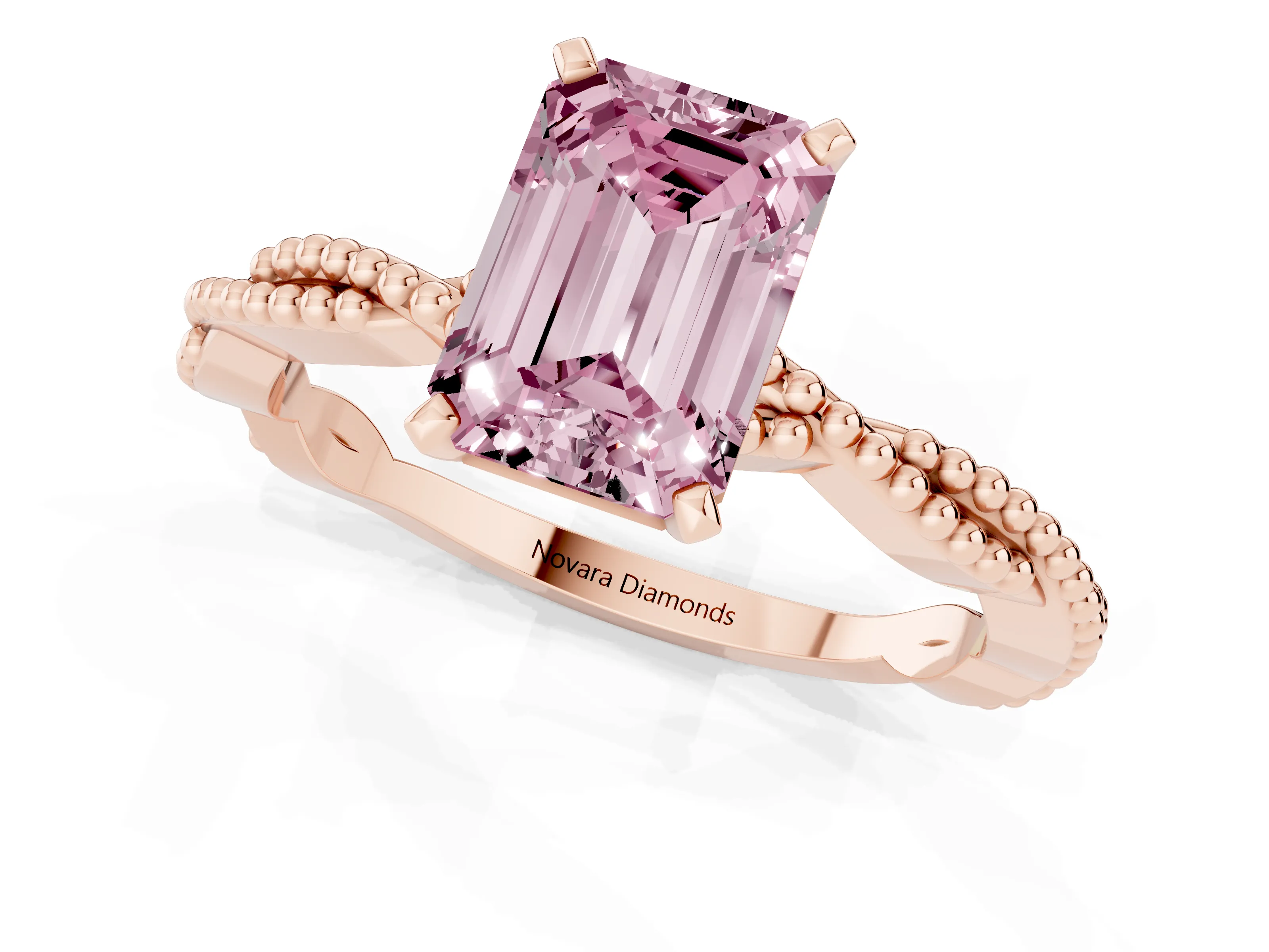 Fancy Pink Emerald Cut Diamond Solitaire Ring Set in Rose gold with Twisted Band and Bead Prong Setting