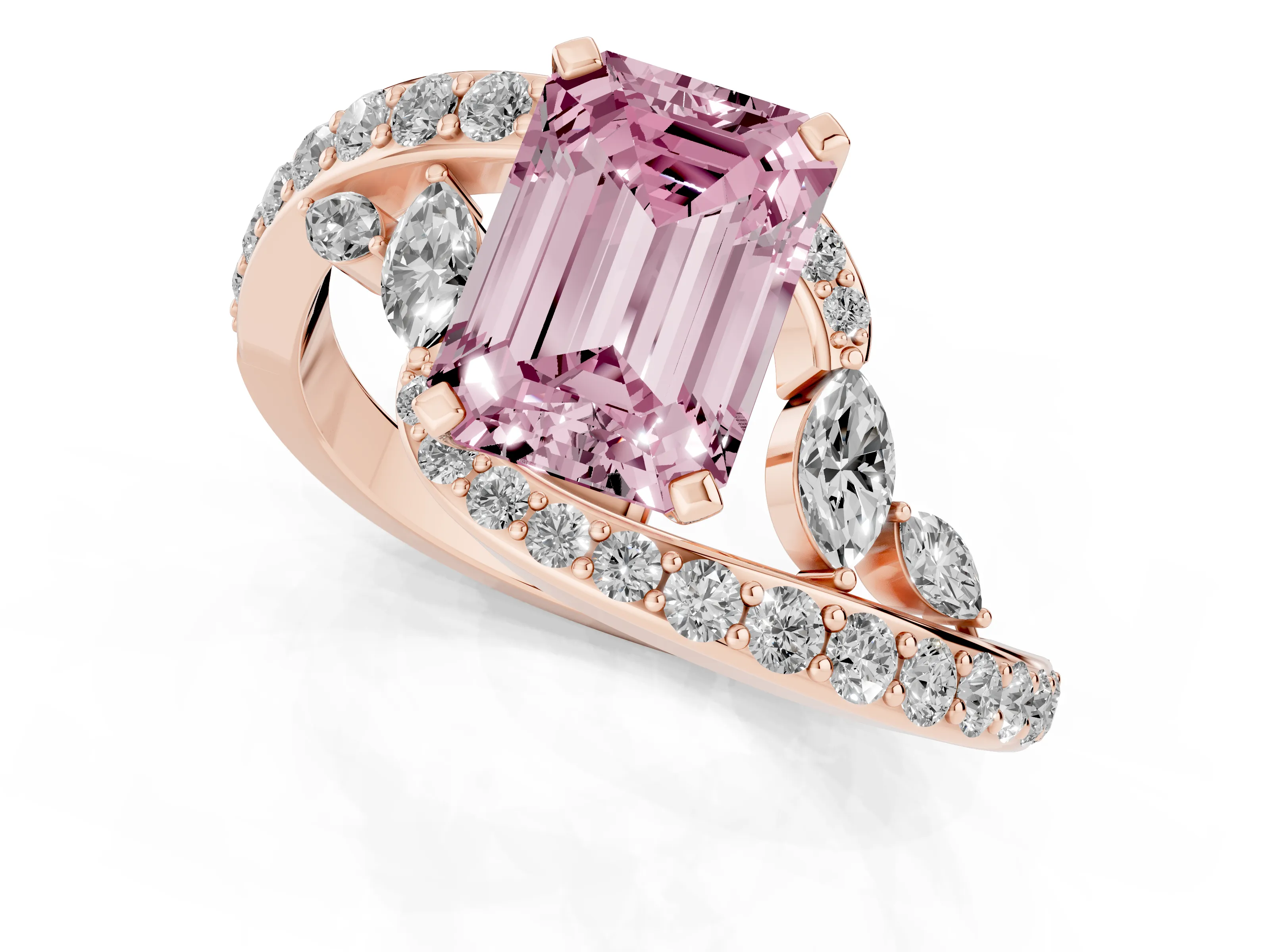 Fancy Pink Emerald Cut Diamond Solitaire Ring Set in Rose gold with Pavé Twist Band and Secure Prong Setting