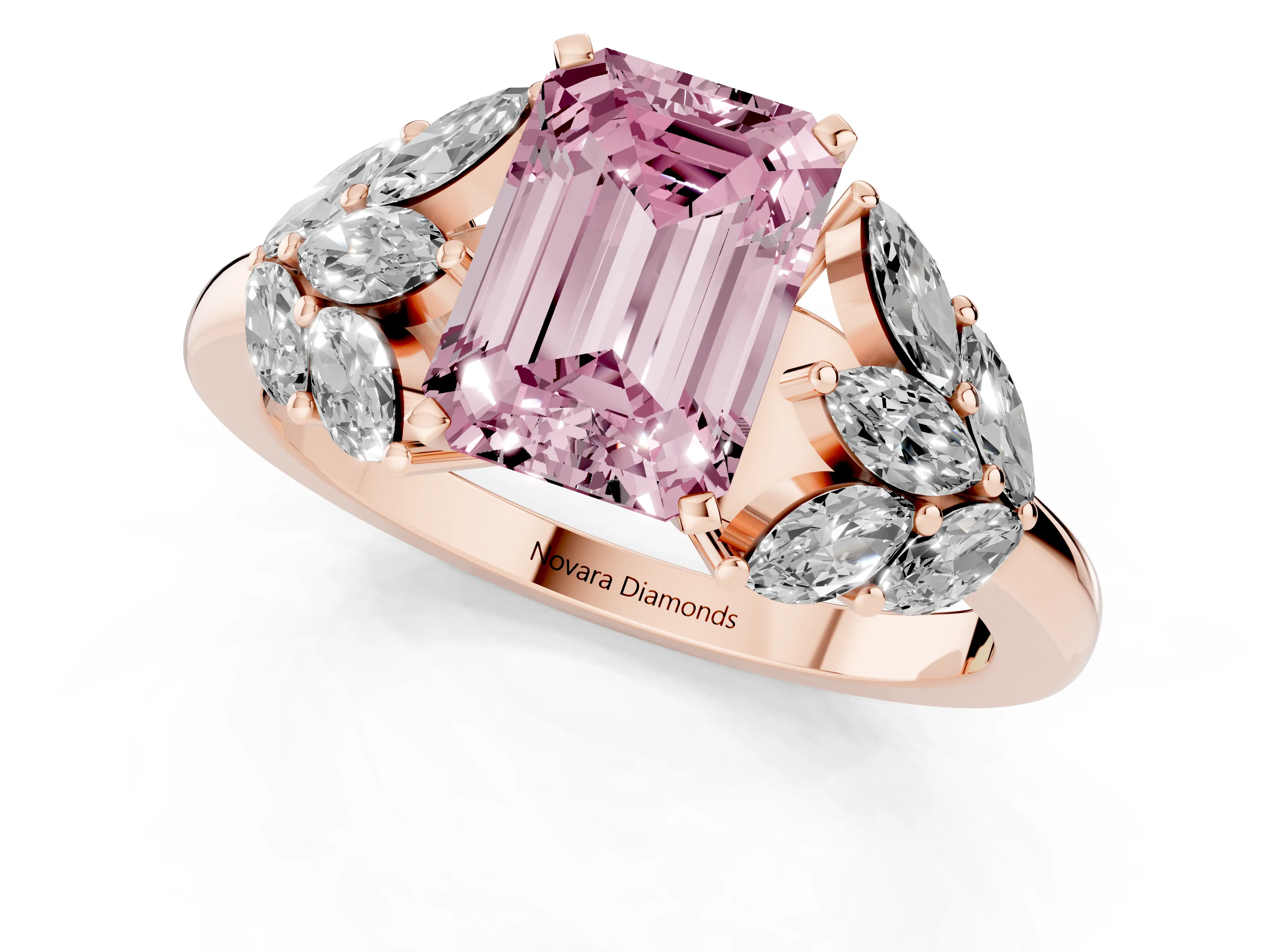 Fancy Pink Emerald Cut Diamond Cluster Leaf Design Ring Set in Rose gold with Prong Setting