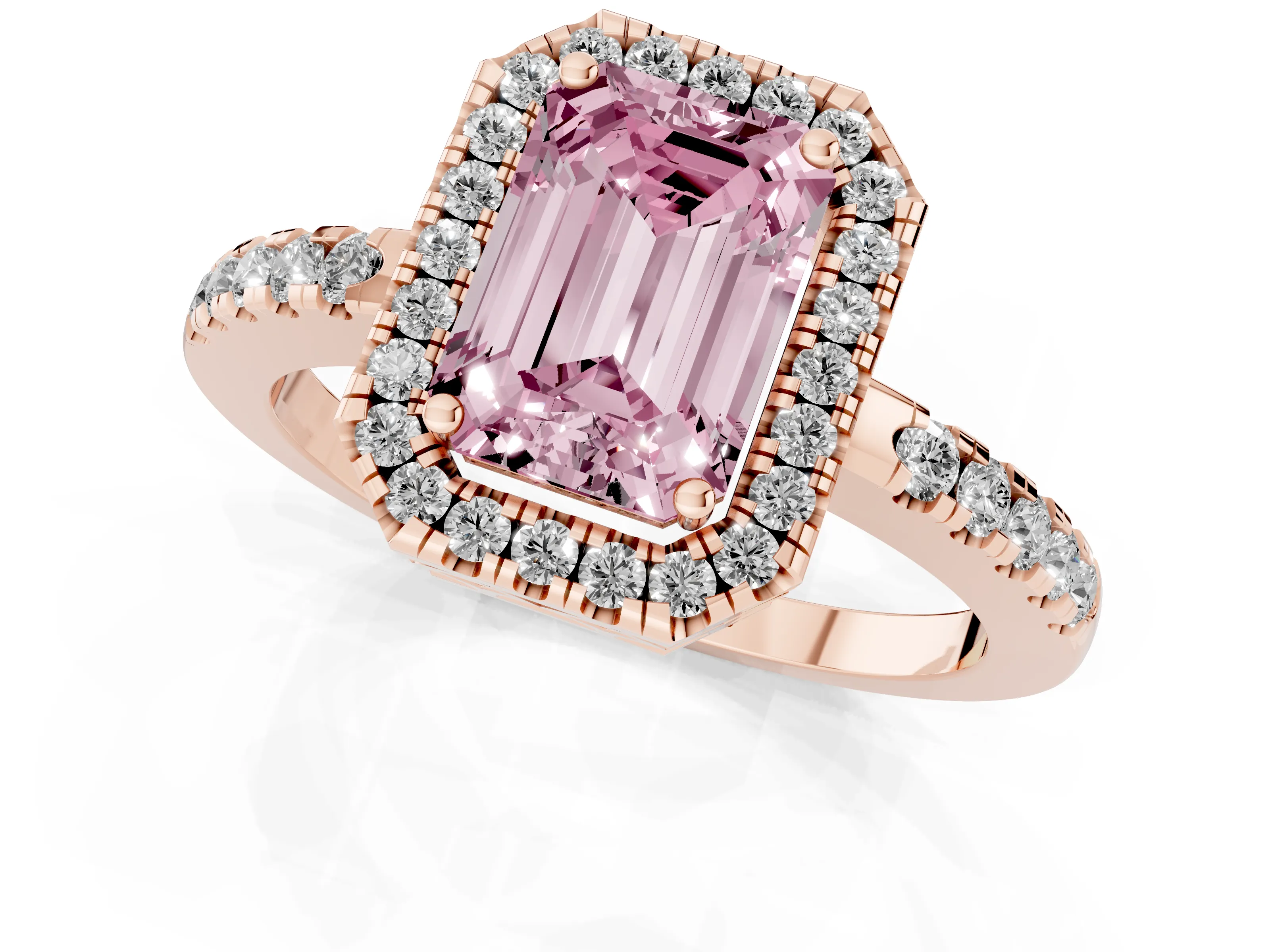 Fancy Pink Emerald Cut Diamond Pavé Band Halo Engagement Ring Set in Rose gold with Prong Setting