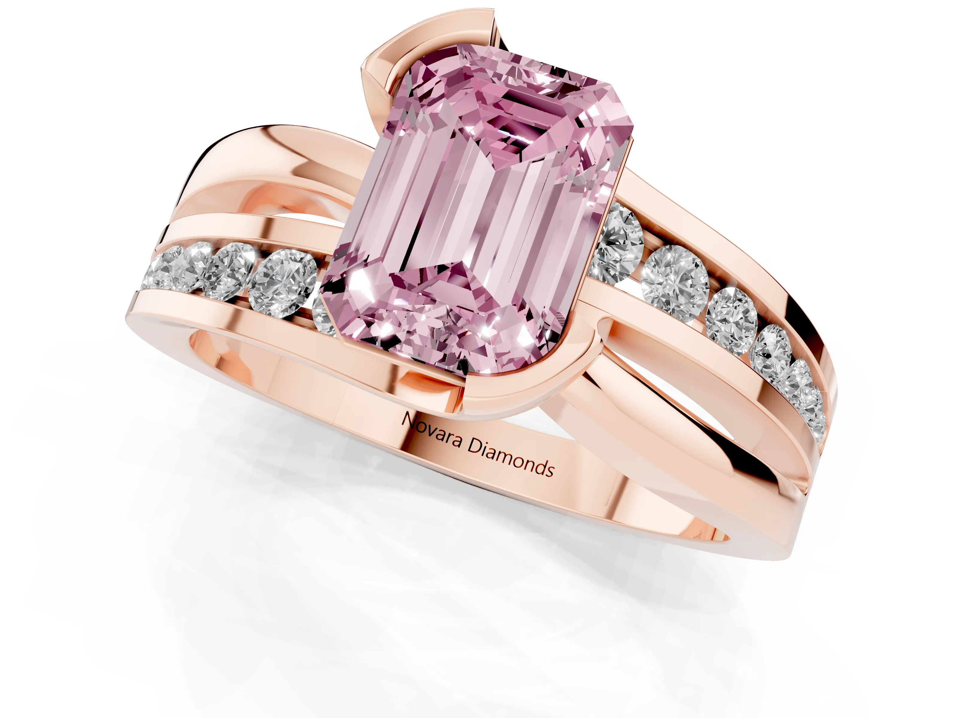 Fancy Pink Emerald Cut Diamond Solitaire Ring Set in Rose gold with Channel Set Split Shank and Tension Prongs