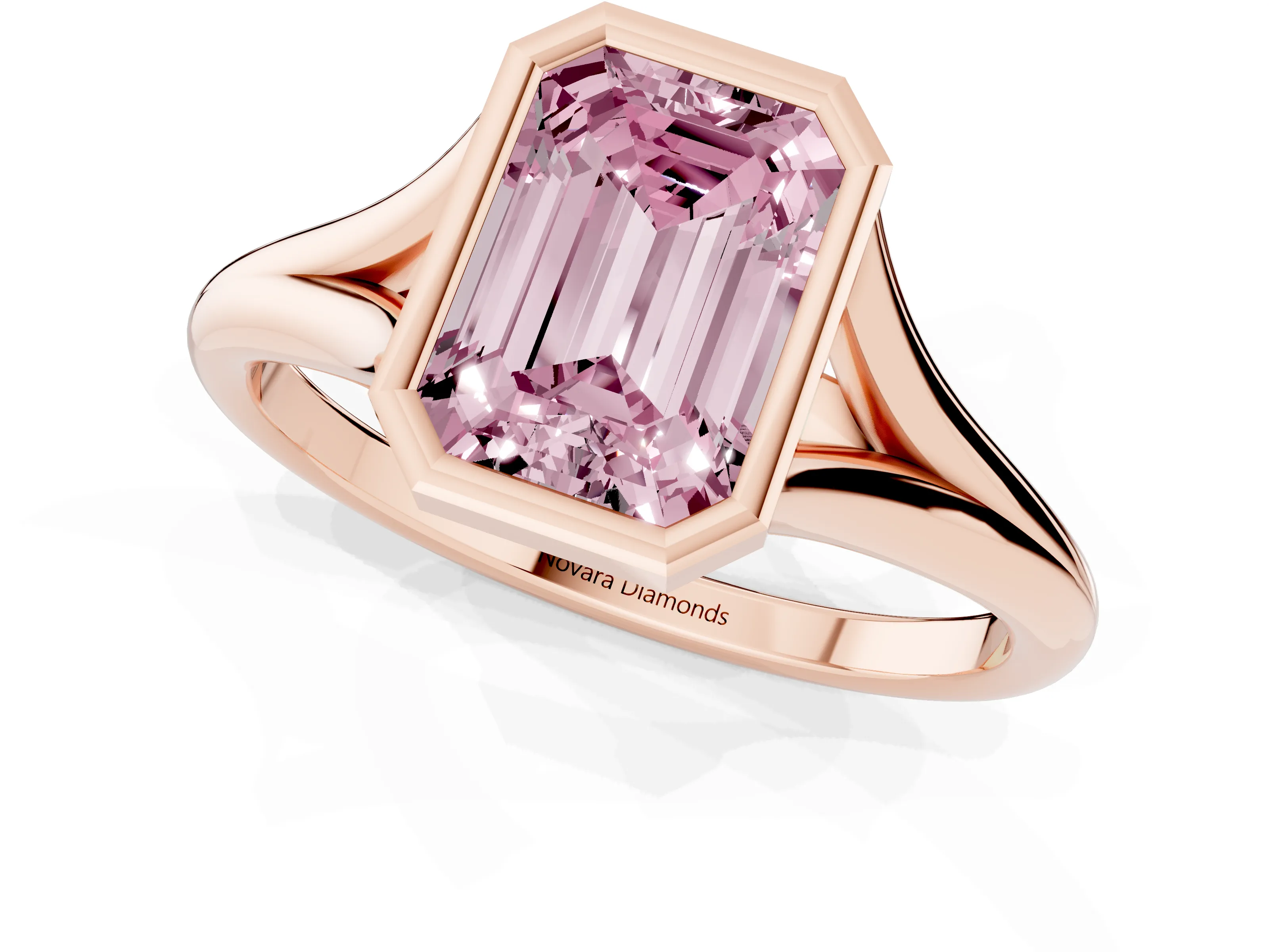 Fancy Pink Bezel Set Emerald Cut Diamond Solitaire Ring Set in Rose gold with Tapered Band