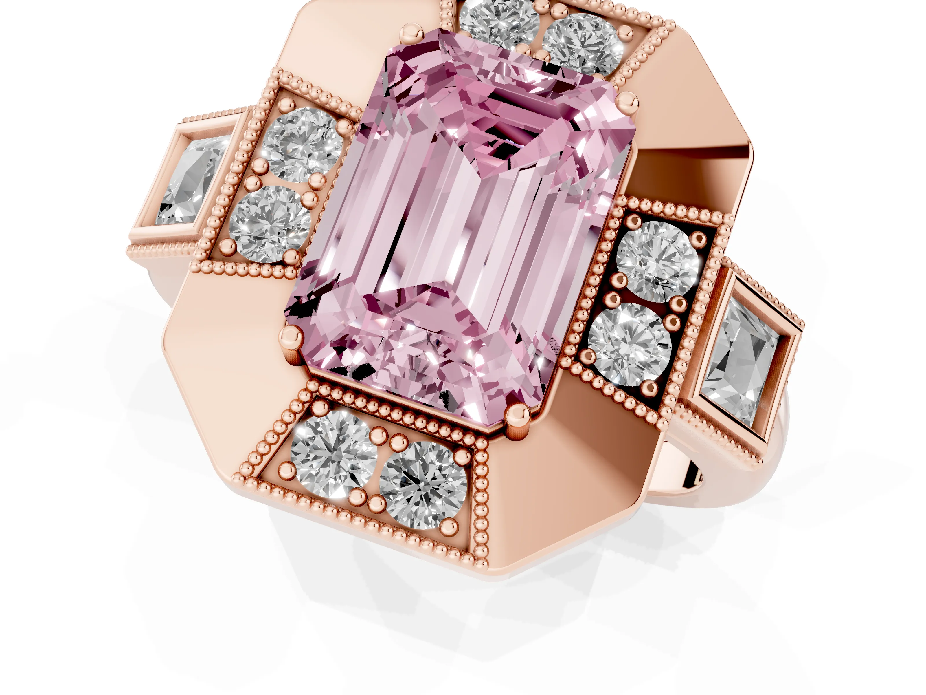Fancy Pink Emerald Cut Diamond Milgrain Halo Ring Set in Rose gold with Split Shank