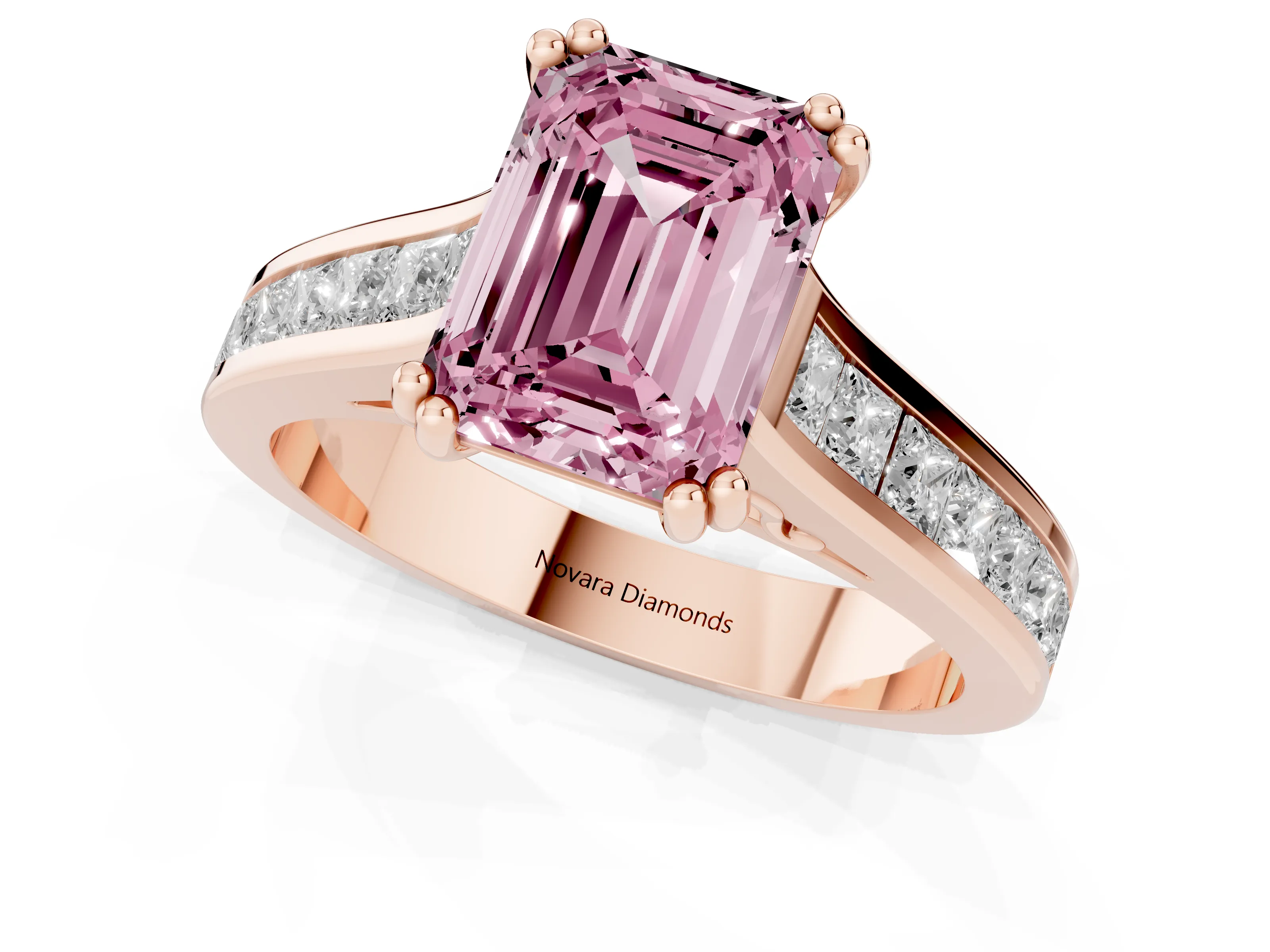 Fancy Pink Emerald Cut Diamond Channel Set Solitaire Engagement Ring Set in Rose gold with Prong Setting