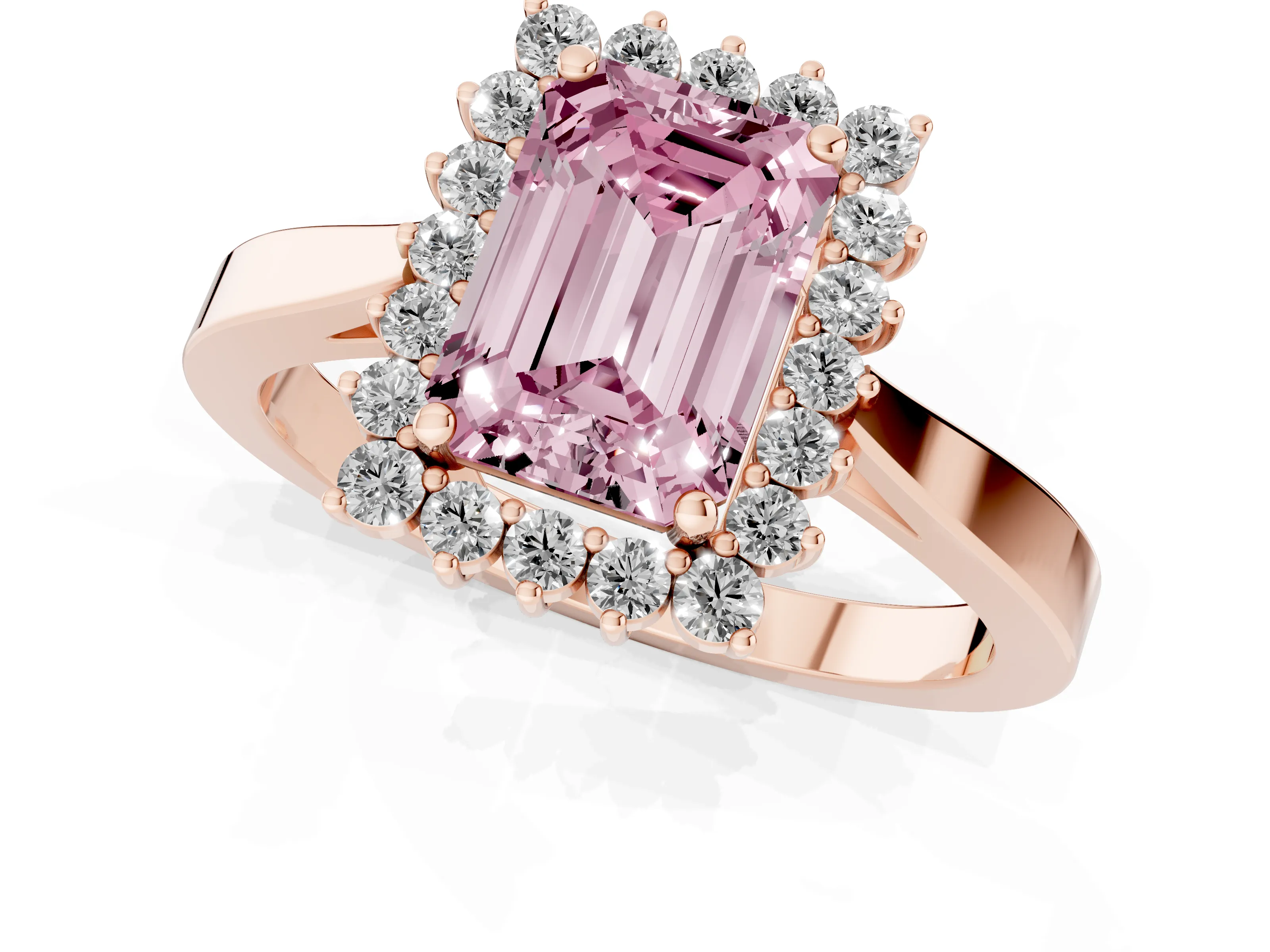 Fancy Pink Emerald Cut Diamond Halo Ring Set in Rose gold with Round Halo and Smooth Solitaire Band