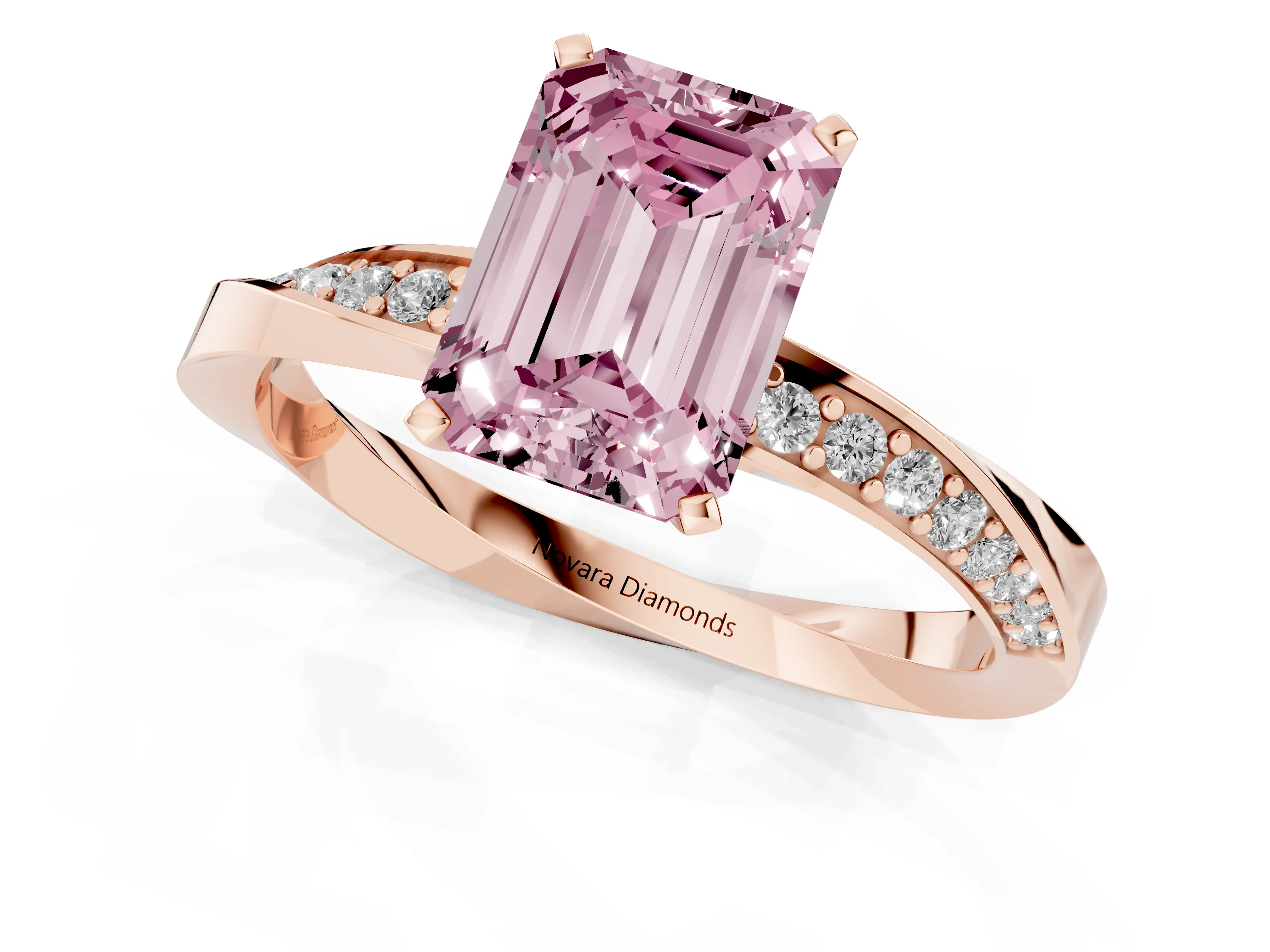 Fancy Pink Emerald Cut Diamond Engagement Ring Set in Rose gold with Side Stone Accents and Prong Setting