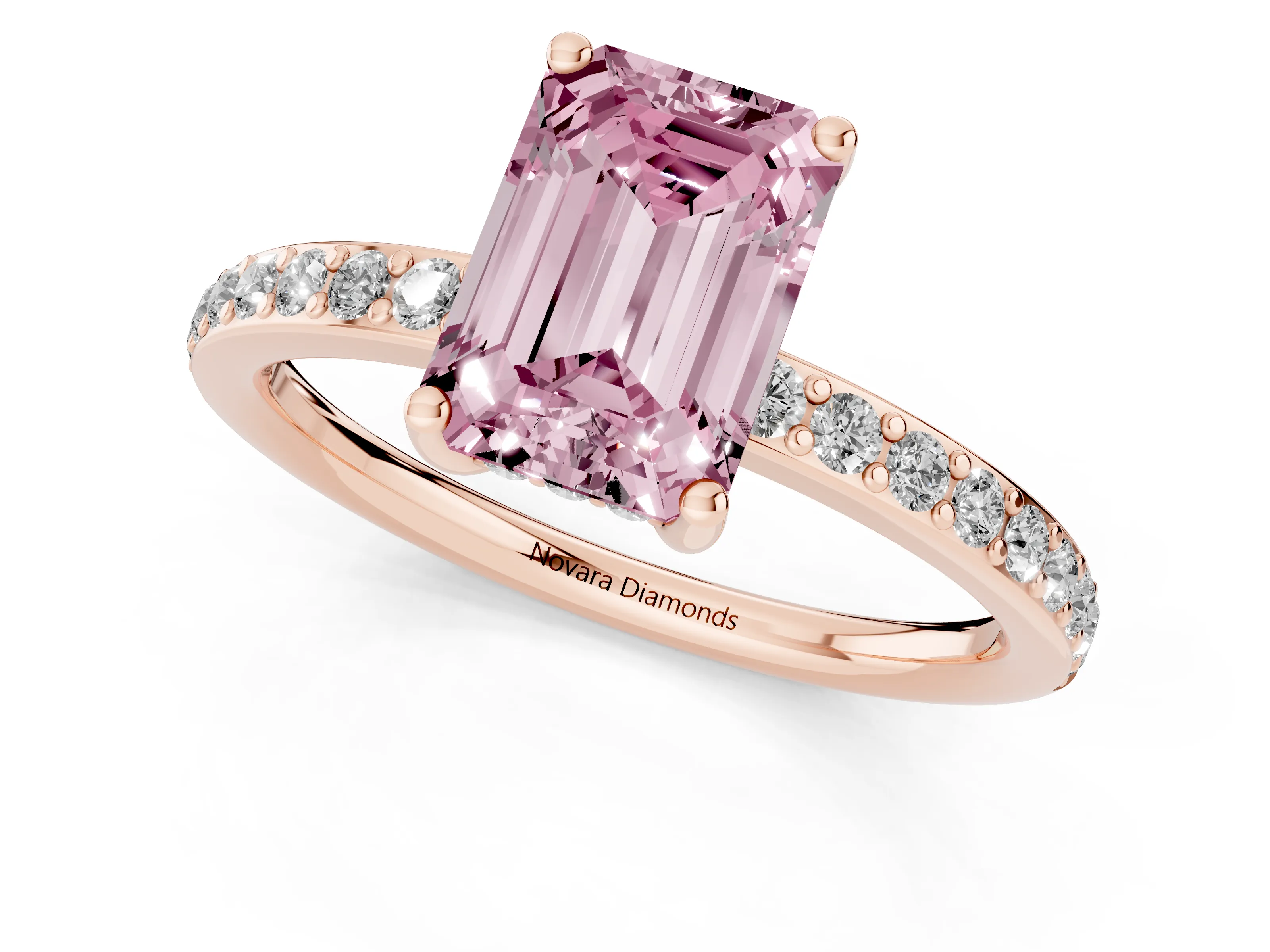 Fancy Pink Emerald Cut Diamond Pavé Band Ring Set in Rose gold with Prong-Set Center Stone