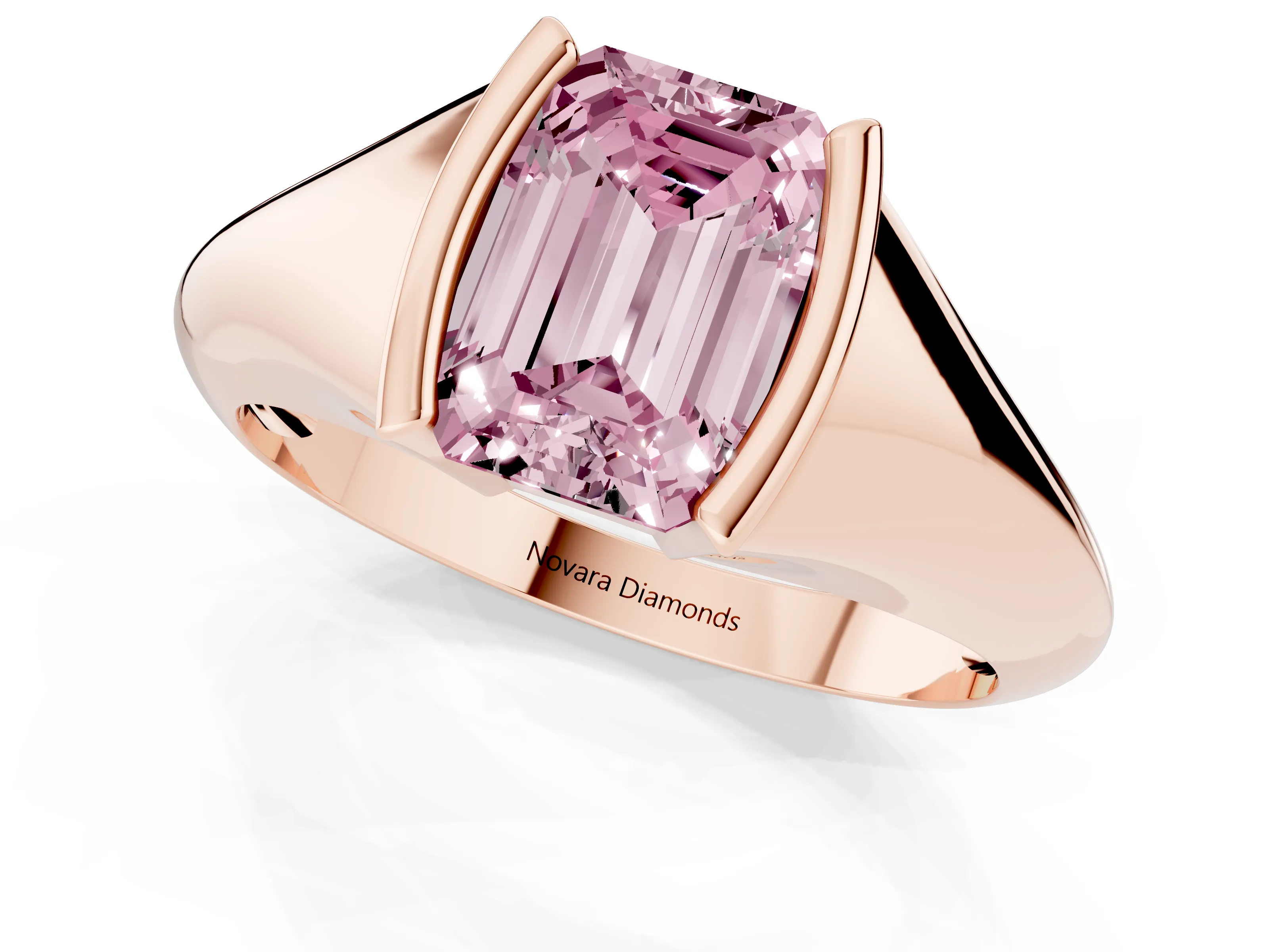 Fancy Pink Emerald Cut Diamond Solitaire Tension Set Ring Set in Rose gold