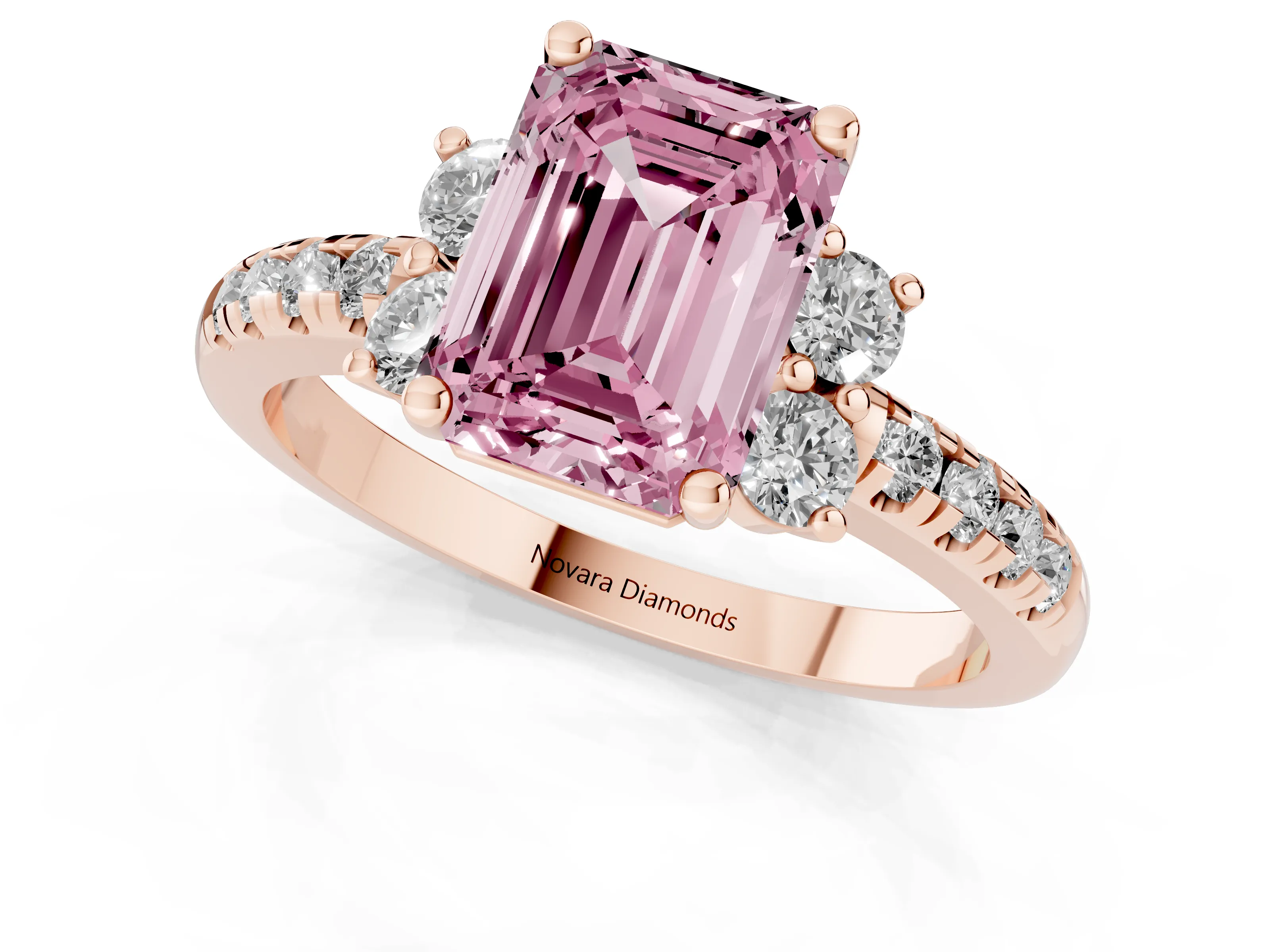 Fancy Pink Emerald Cut Diamond Three-Stone Pavé Ring Set in Rose gold with Prong Setting