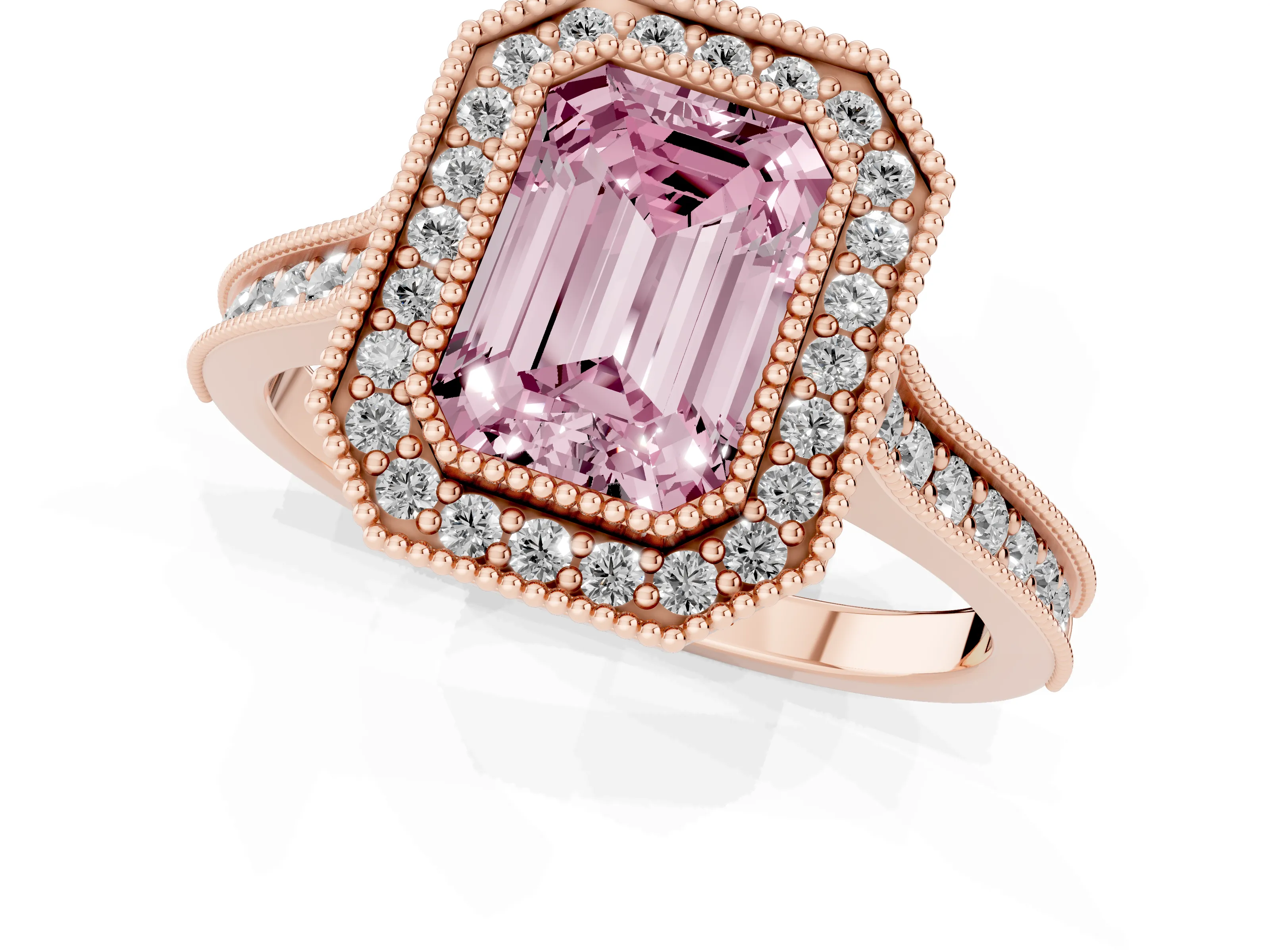 Fancy Pink Emerald Cut Diamond Halo Milgrain Pavé Band Ring Set in Rose gold with Prong Setting