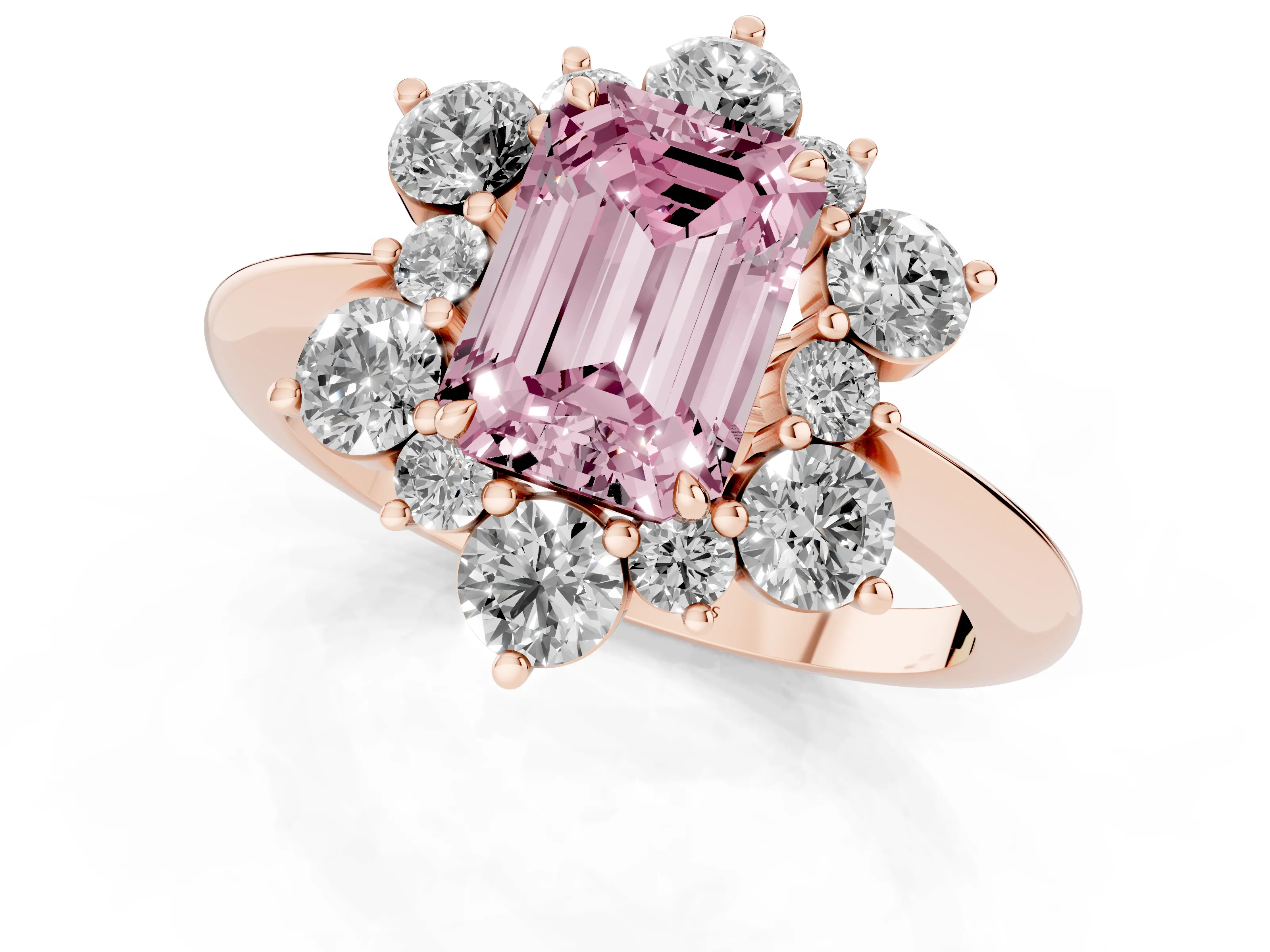 Fancy Pink Emerald Cut Diamond Cluster Halo Ring Set in Rose gold with Solitaire Band and Prong Setting