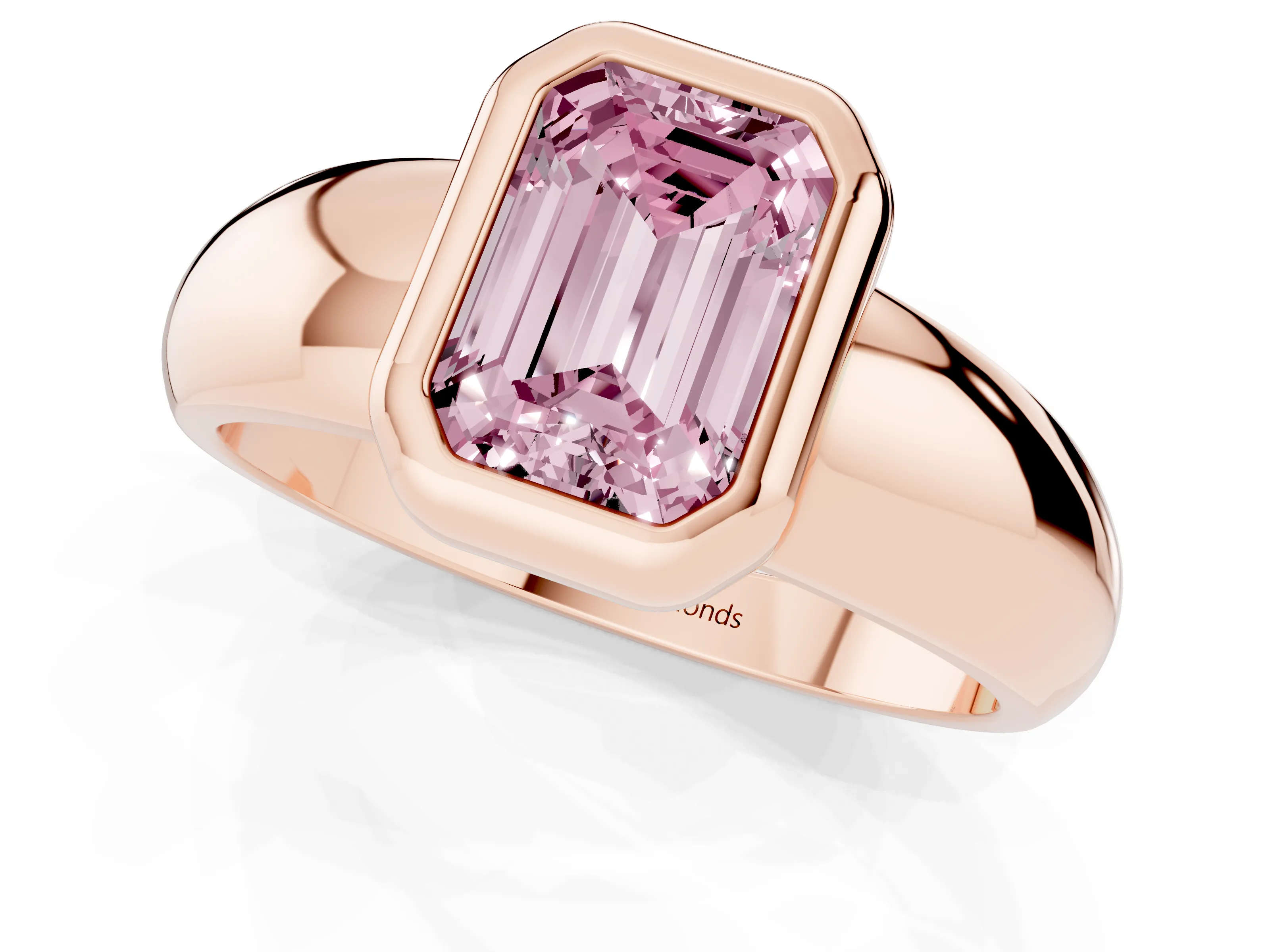 Fancy Pink Bezel Set Emerald Cut Diamond Solitaire Ring Set in Rose gold with Wide Band