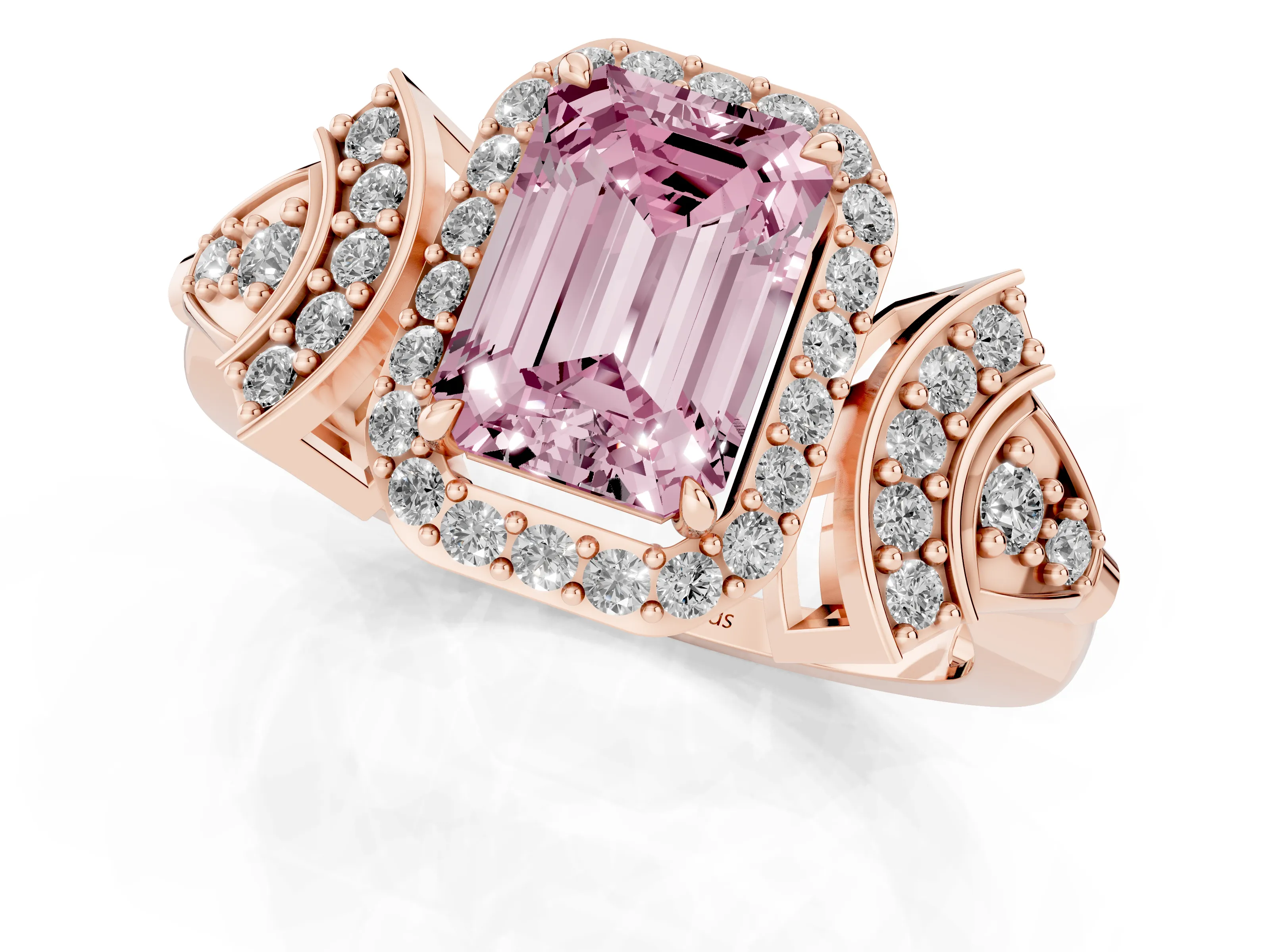 Fancy Pink Emerald Cut Diamond Halo Engagement Ring Set in Rose gold with Accent Stone Split Shank