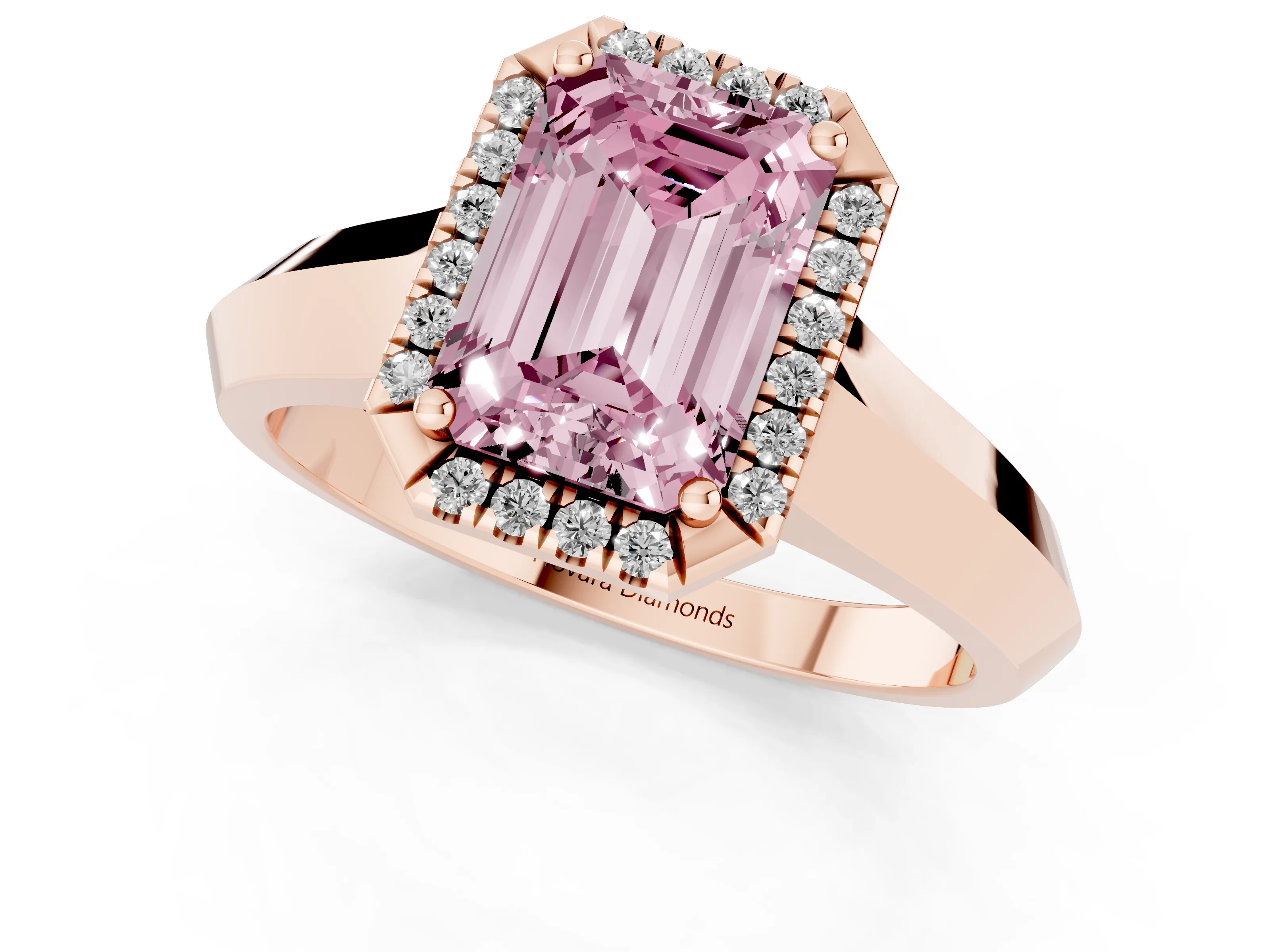 Fancy Pink Emerald Cut Diamond Halo Ring Set in Rose gold with Cathedral Band and Prong Setting