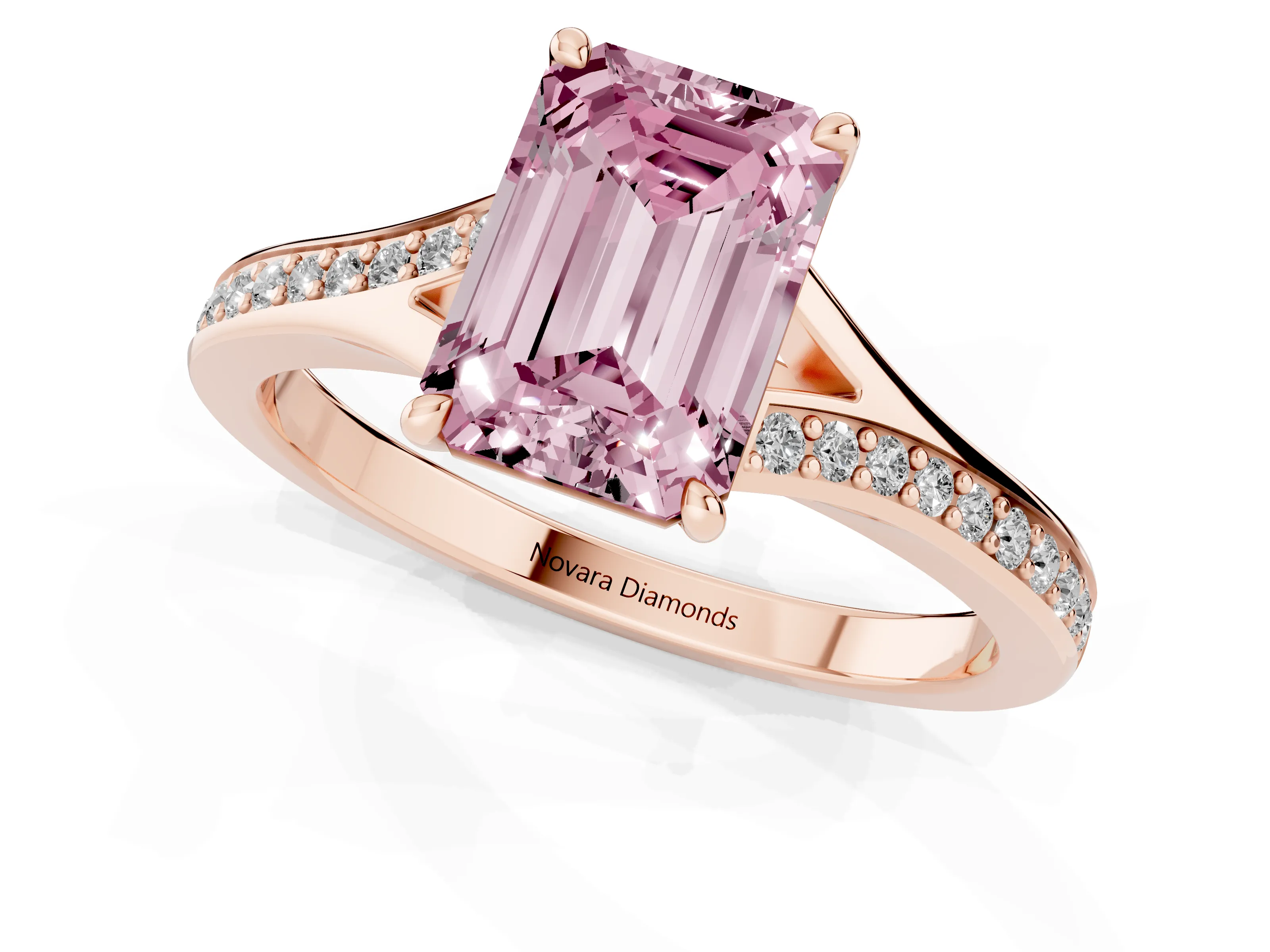 Fancy Pink Emerald Cut Diamond Solitaire Ring Set in Rose gold with Pavé Accent Band and Classic Prong Setting