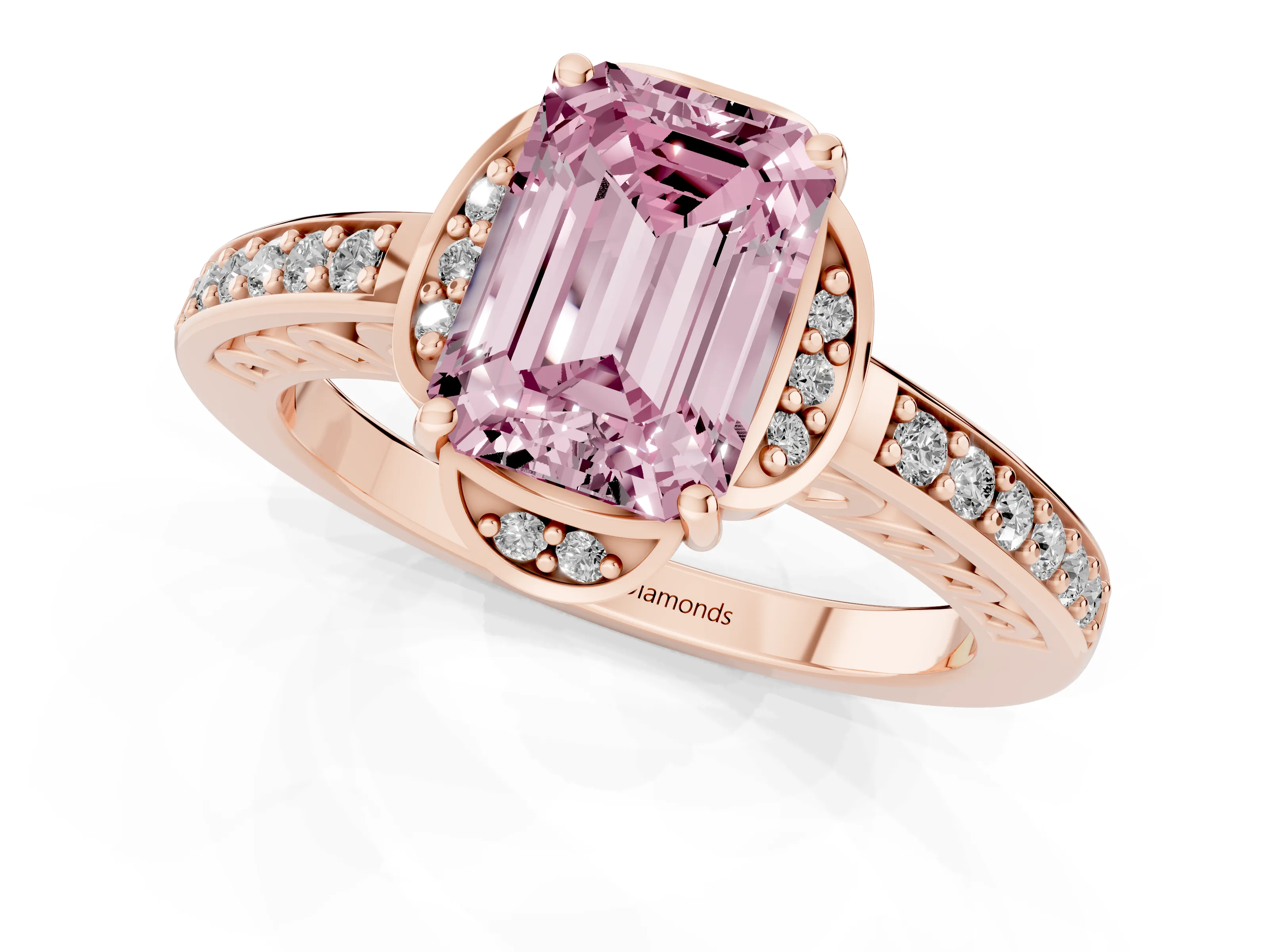 Fancy Pink Emerald Cut Diamond Halo Ring Set in Rose gold with Channel Set Band and Prong Setting