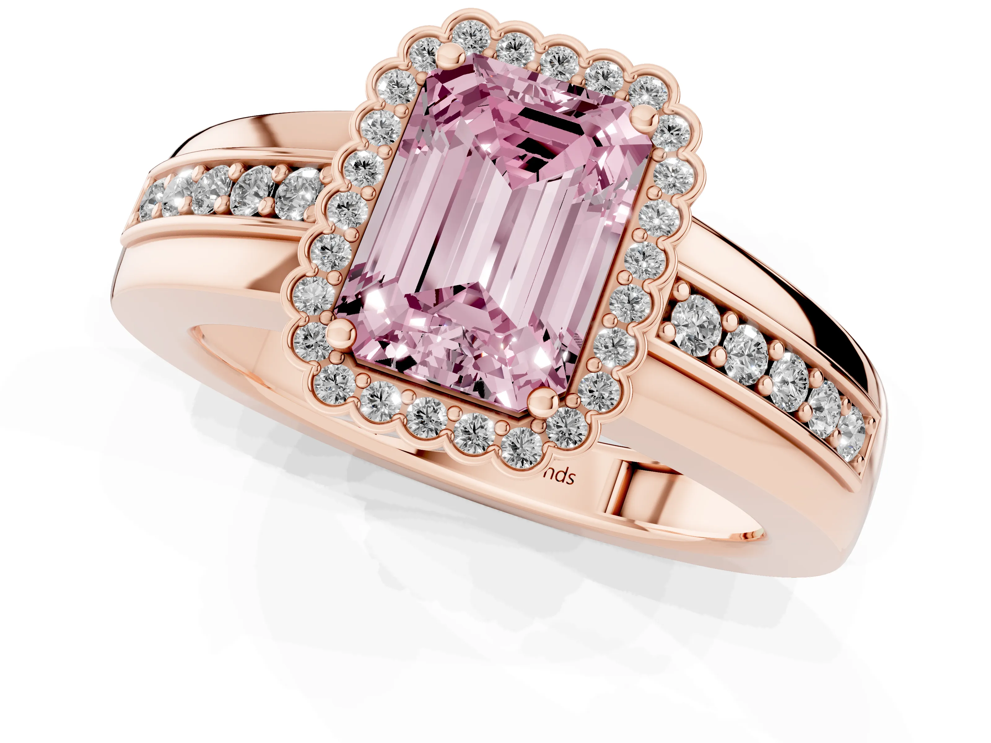 Fancy Pink Emerald Cut Diamond Halo Prong Ring Set in Rose gold with Pavé Band