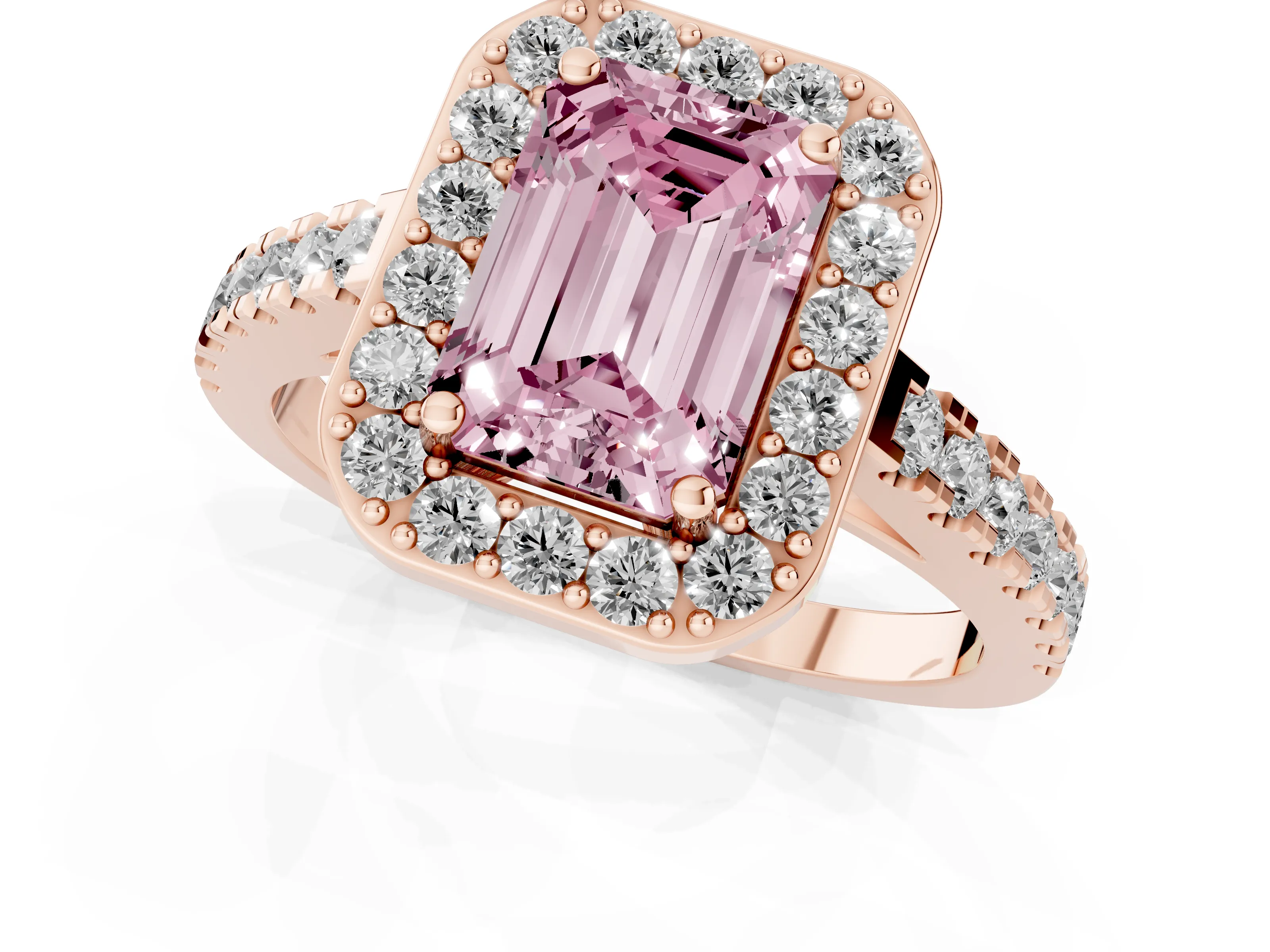 Fancy Pink Emerald Cut Diamond Halo Ring Set in Rose gold with Round Pavé Split Shank and Prong Setting
