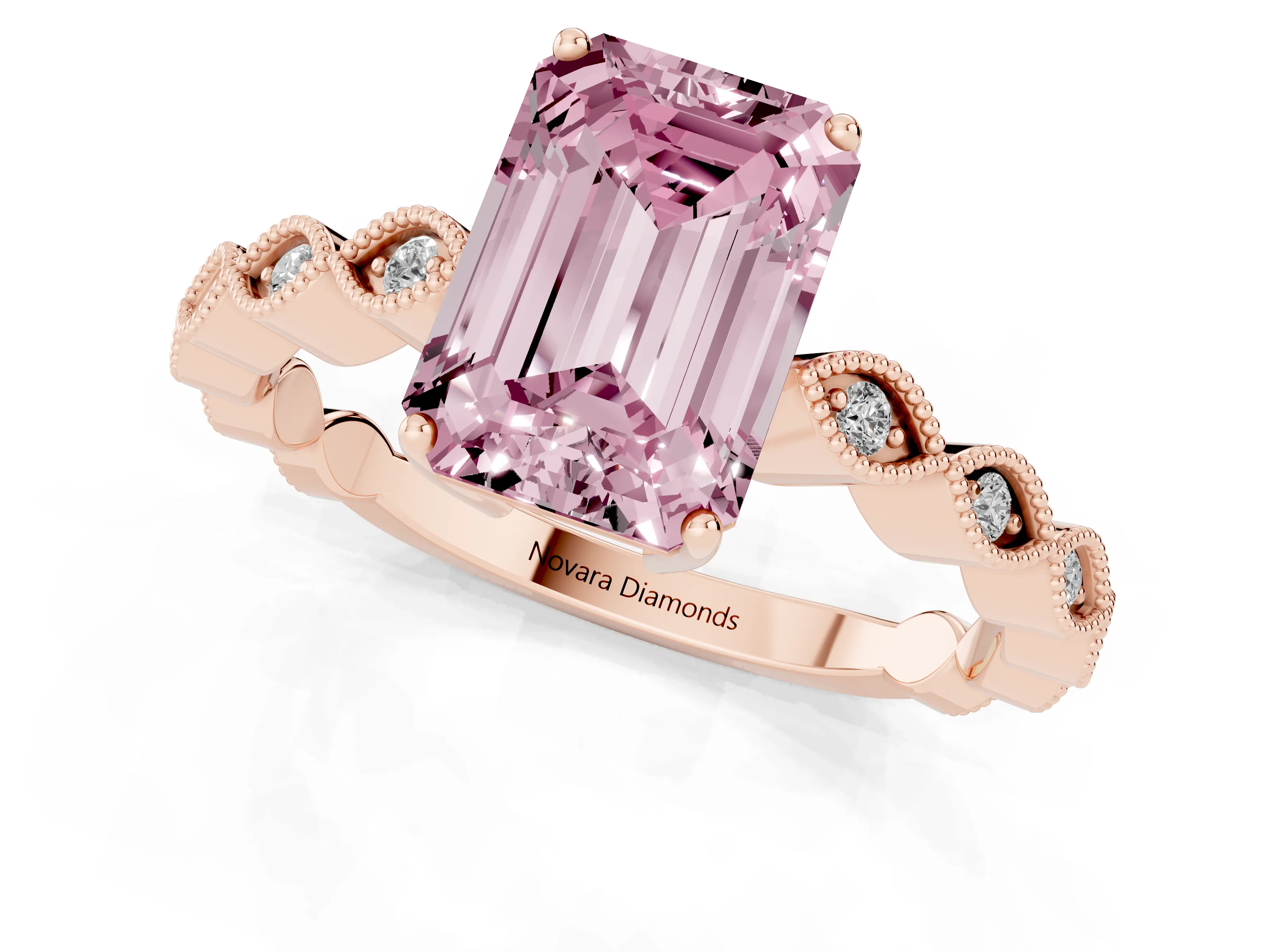 Fancy Pink Emerald Cut Diamond Solitaire Ring Set in Rose gold with Infinity Twist Pavé Band