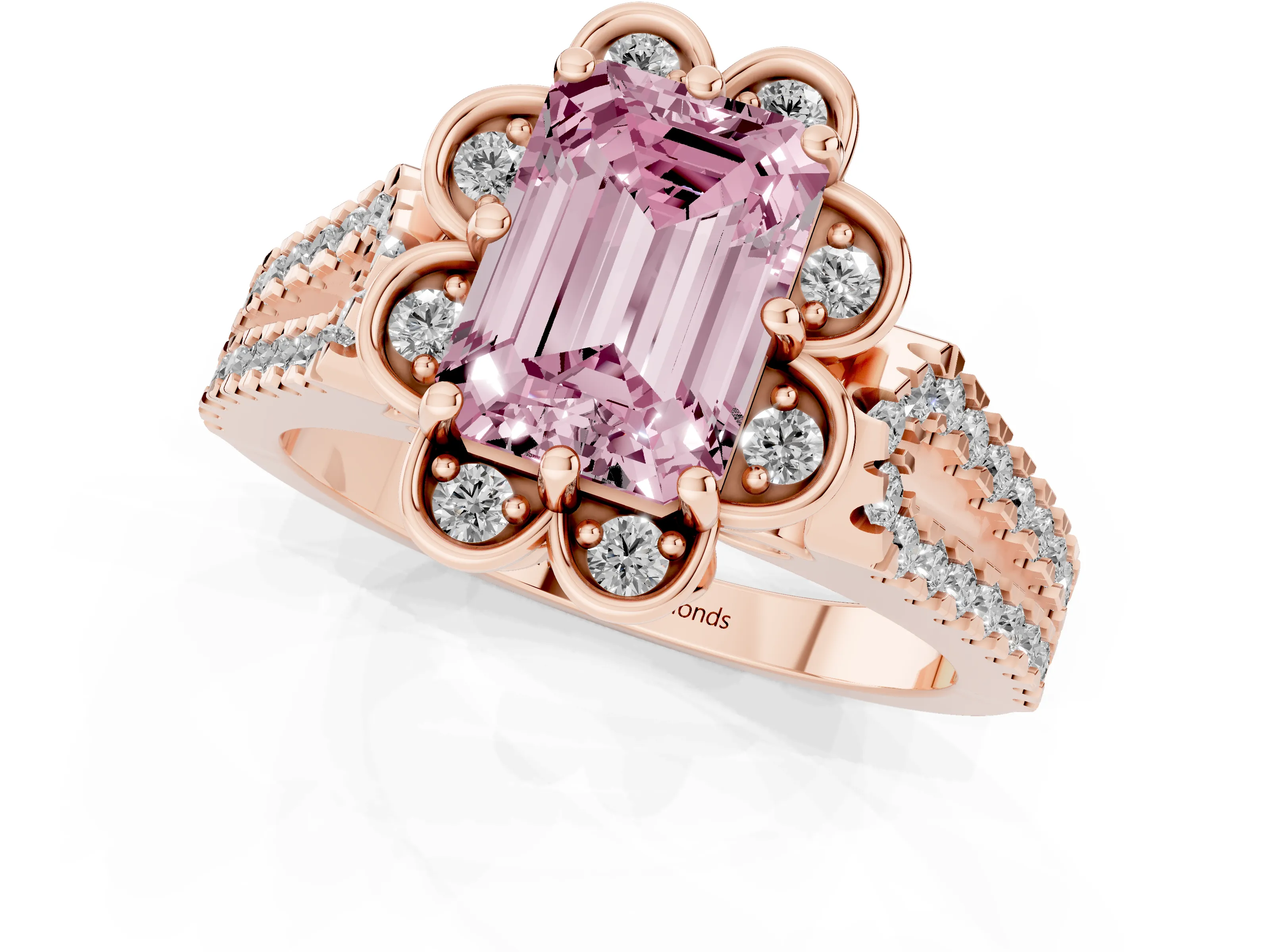 Fancy Pink Emerald Cut Diamond Floral Halo Split Shank Engagement Ring Set in Rose gold with Pavé Shank