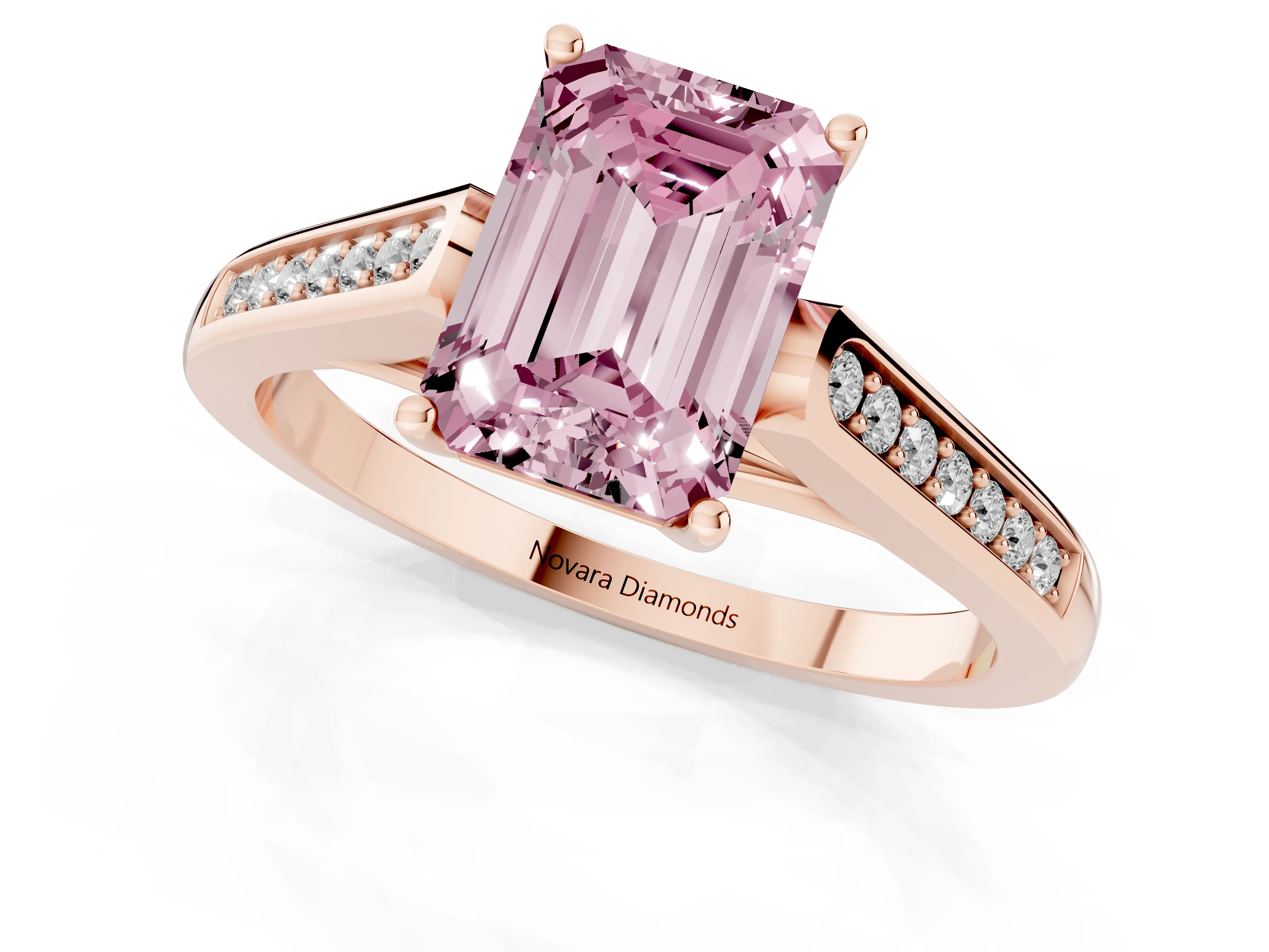 Fancy Pink Emerald Cut Diamond Solitaire Cathedral Engagement Ring Set in Rose gold with Channel-Set Band and Prong Setting