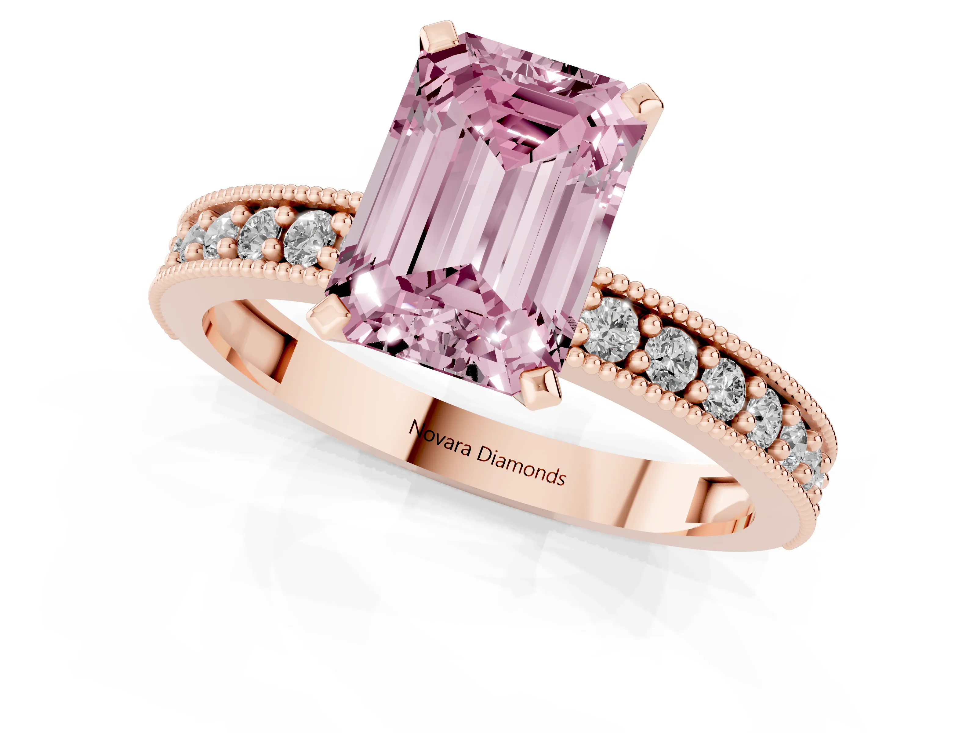 Fancy Pink Emerald Cut Diamond Milgrain Pavé Engagement Ring Set in Rose gold with Prong Setting