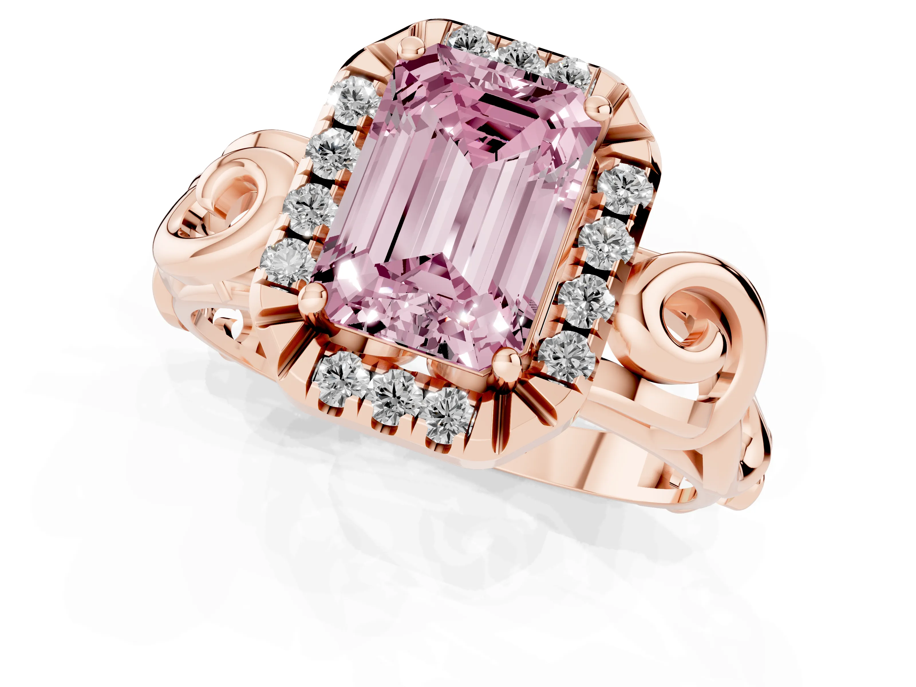 Fancy Pink Emerald Cut Diamond Halo Ring Set in Rose gold with Scrollwork Band and Prong Setting