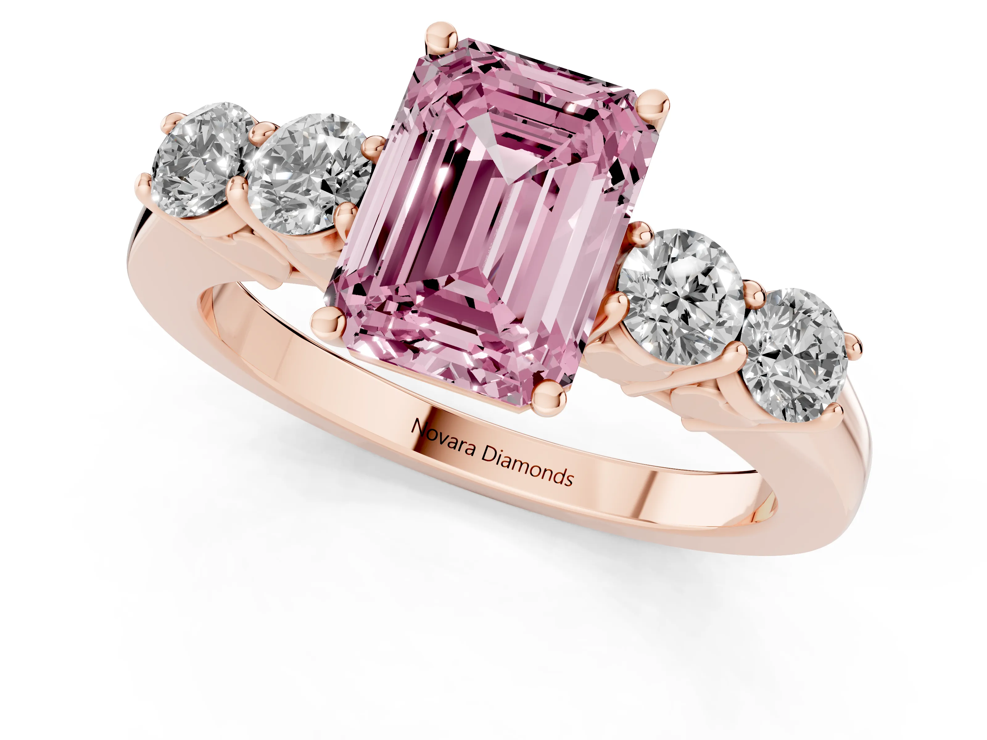 Fancy Pink Emerald Cut Diamond Five-Stone Prong Set Band Ring Set in Rose gold with Polished Band