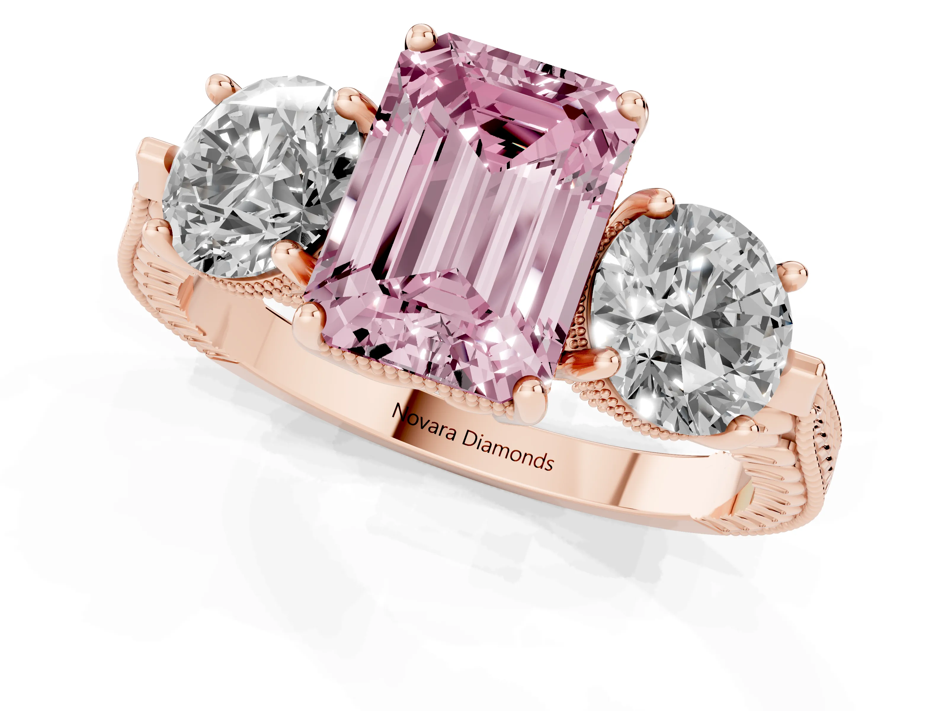 Fancy Pink Emerald Cut Diamond Three-Stone Ring Set in Rose gold with Milgrain Band