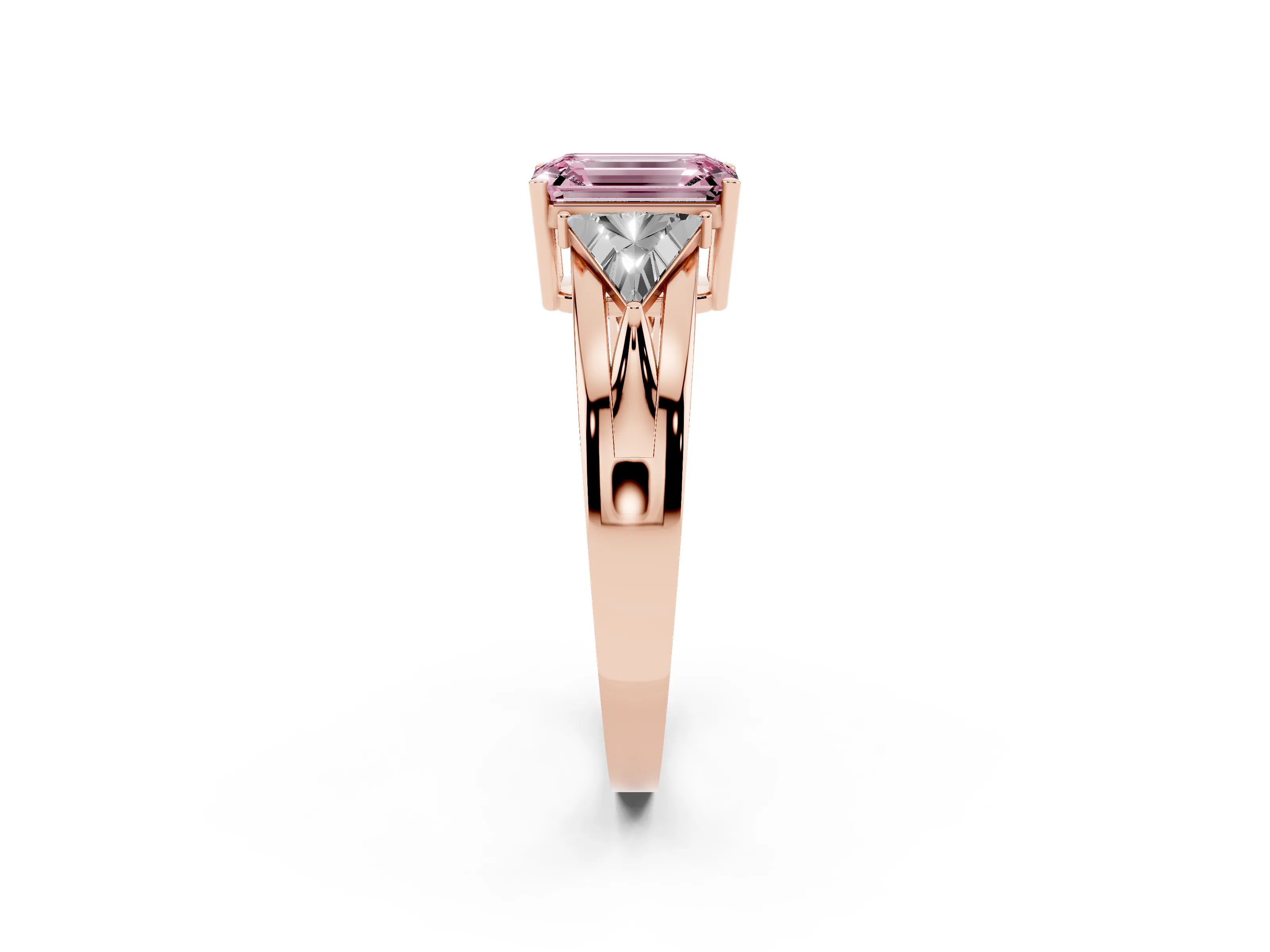 Fancy Pink Emerald Cut Diamond Three-Stone Ring Set in Rose gold with Trillion Side Stones and Split Shank