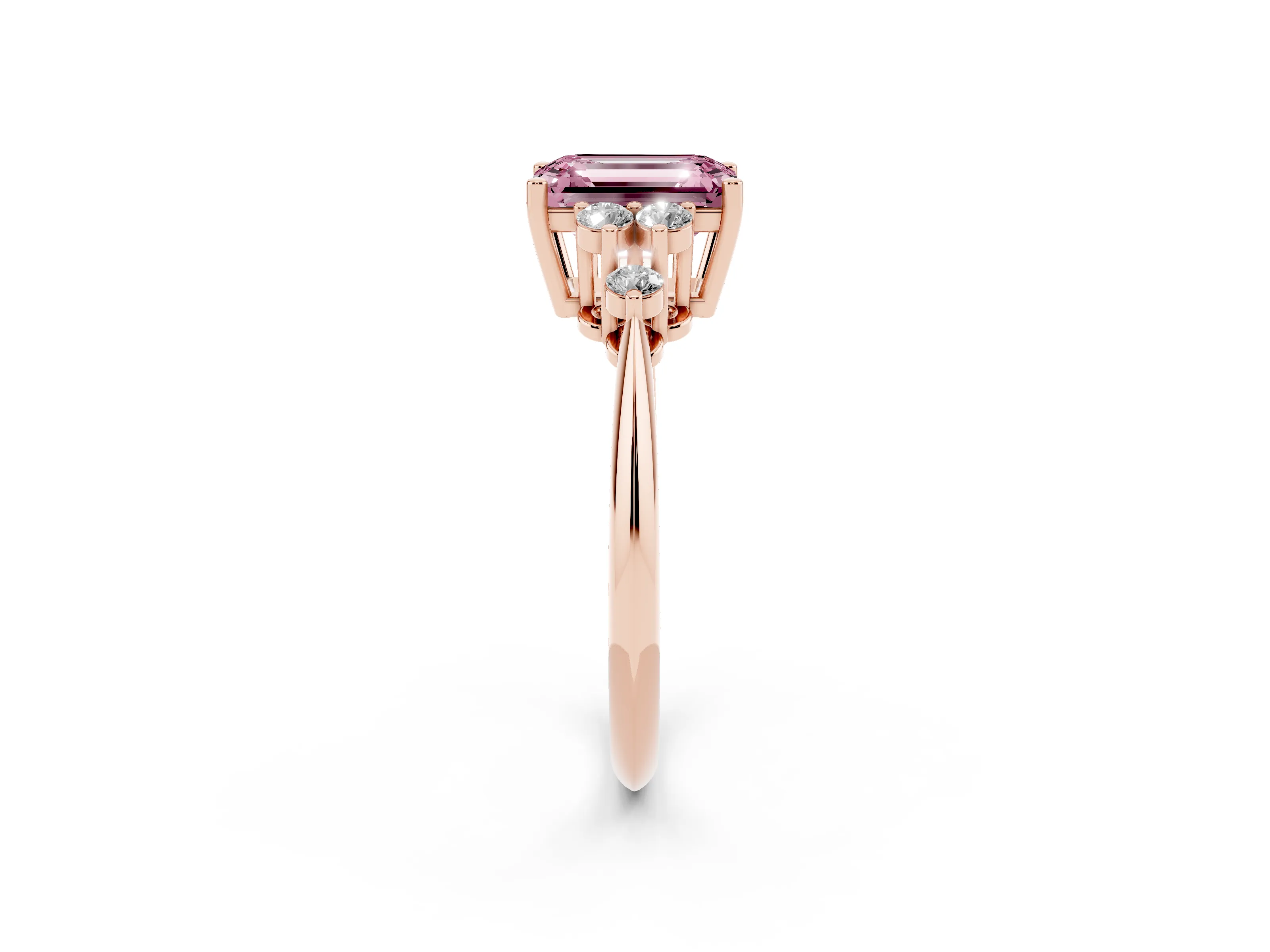 Fancy Pink Emerald Cut Diamond Cluster Ring Set in Rose gold with Plain Band and Prong Setting