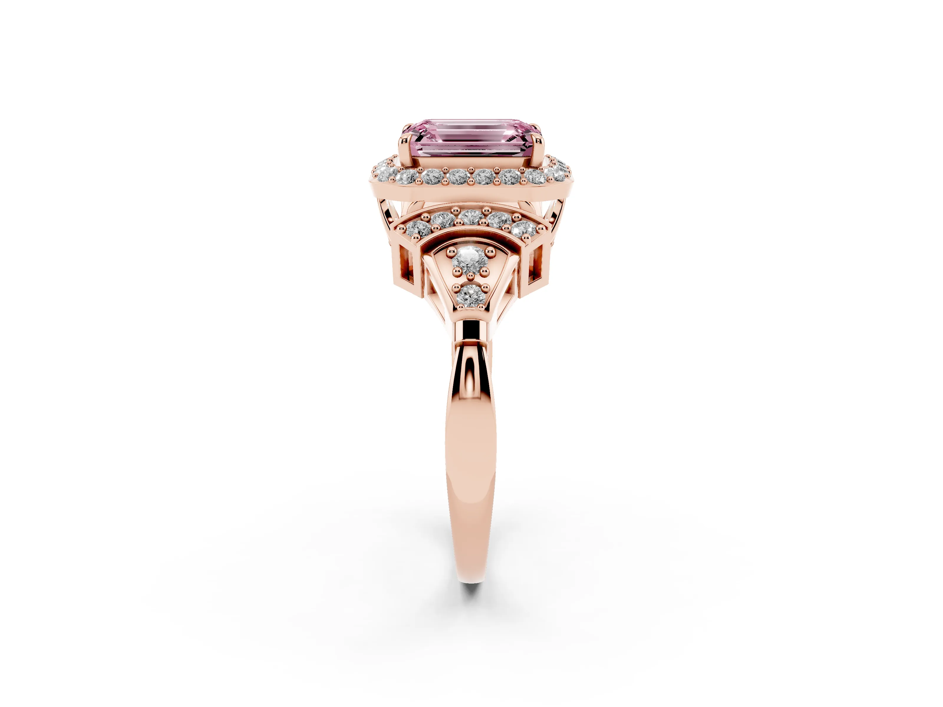 Fancy Pink Emerald Cut Diamond Halo Engagement Ring Set in Rose gold with Accent Stone Split Shank
