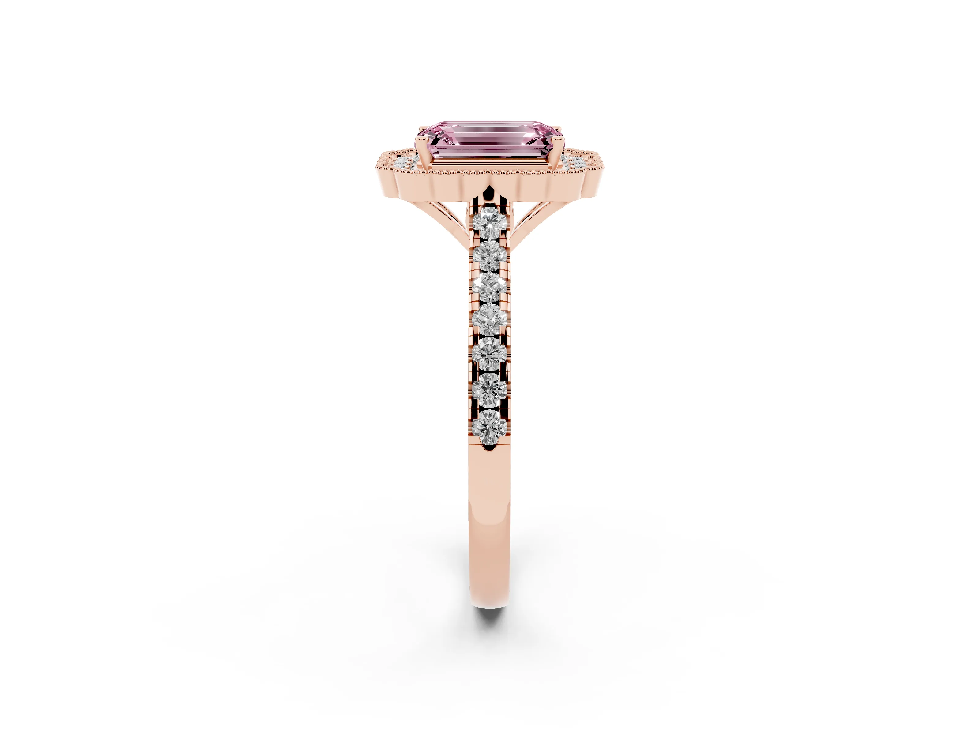 Fancy Pink Emerald Cut Diamond Milgrain Floral Halo Engagement Ring Set in Rose gold with Pavé Band