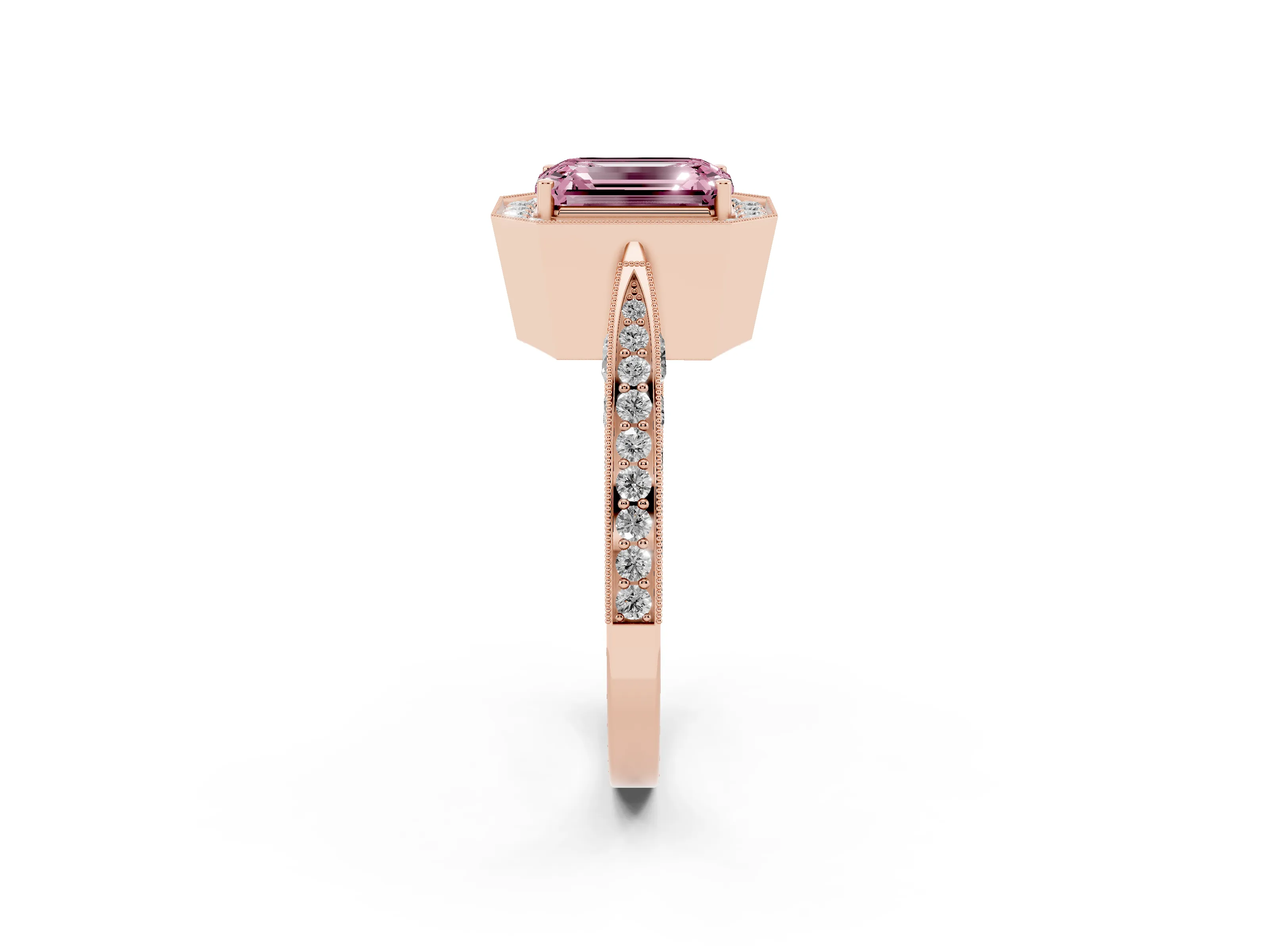 Fancy Pink Emerald Cut Diamond Halo Engagement Ring Set in Rose gold with Accent Split Shank Band