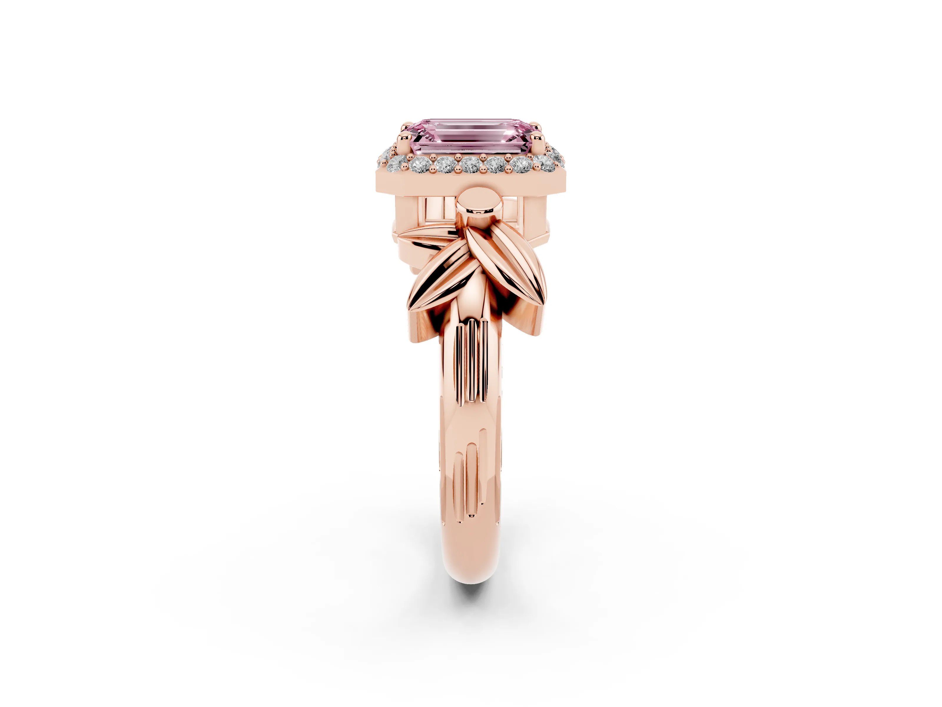 Fancy Pink Emerald Cut Diamond Halo Floral Band Ring Set in Rose gold with Prong Setting