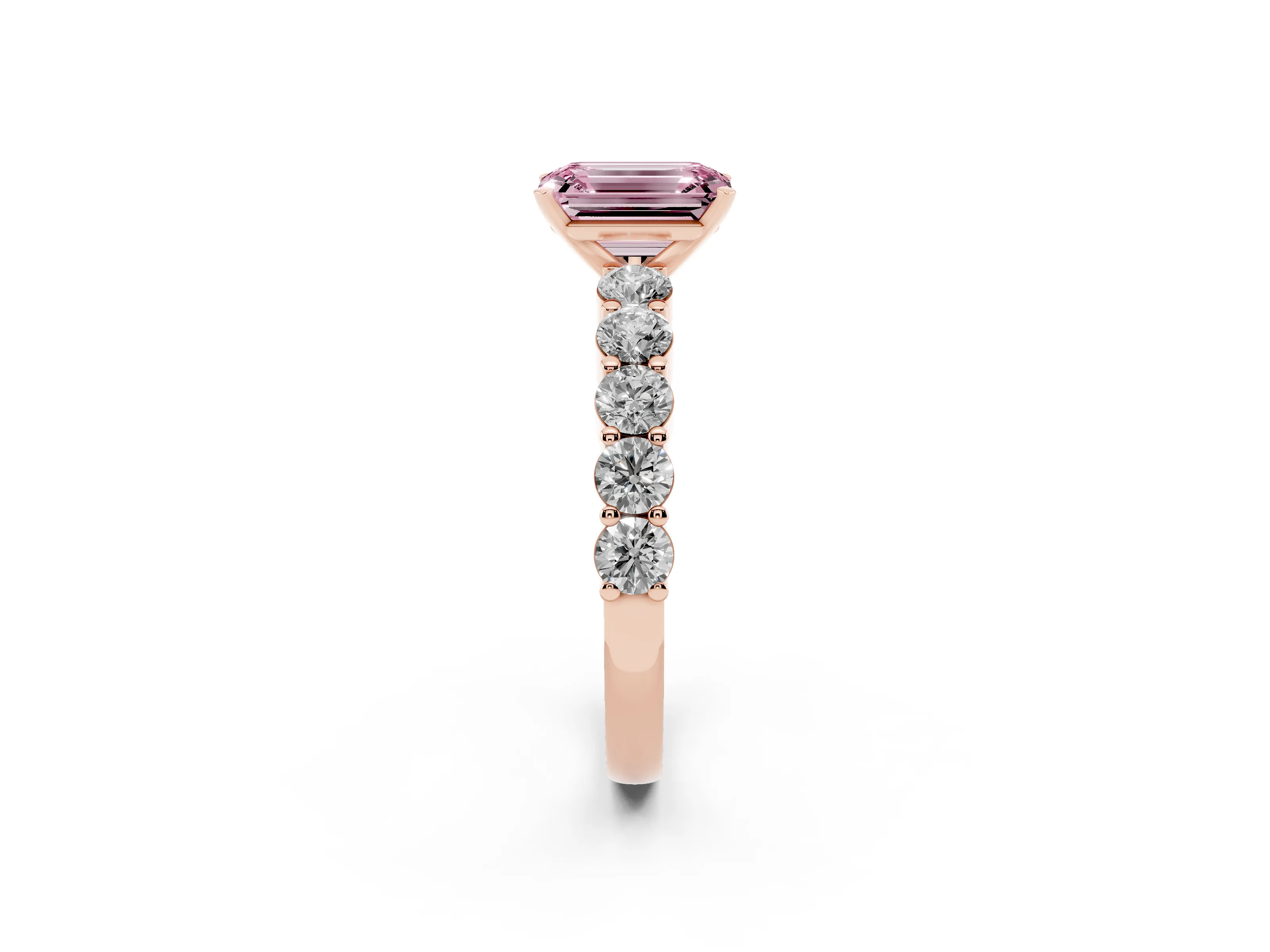 Fancy Pink Emerald Cut Diamond Solitaire Ring Set in Rose gold with Shared Prong Round Side Stones