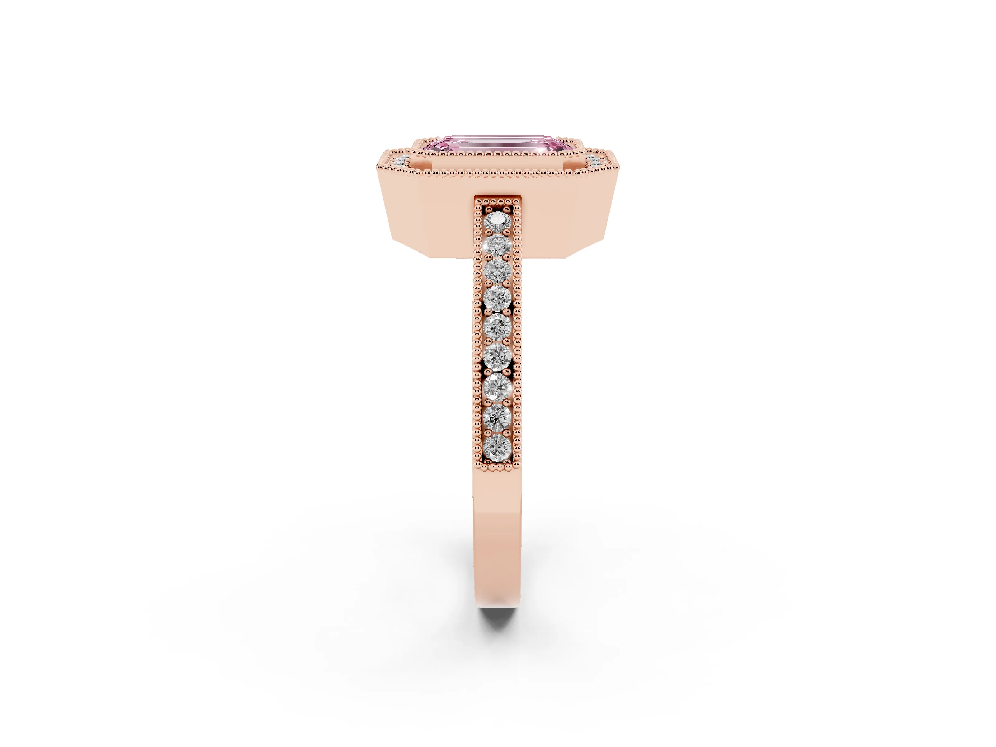 Fancy Pink Emerald Cut Diamond Round Halo Ring Set in Rose gold with Pavé Band