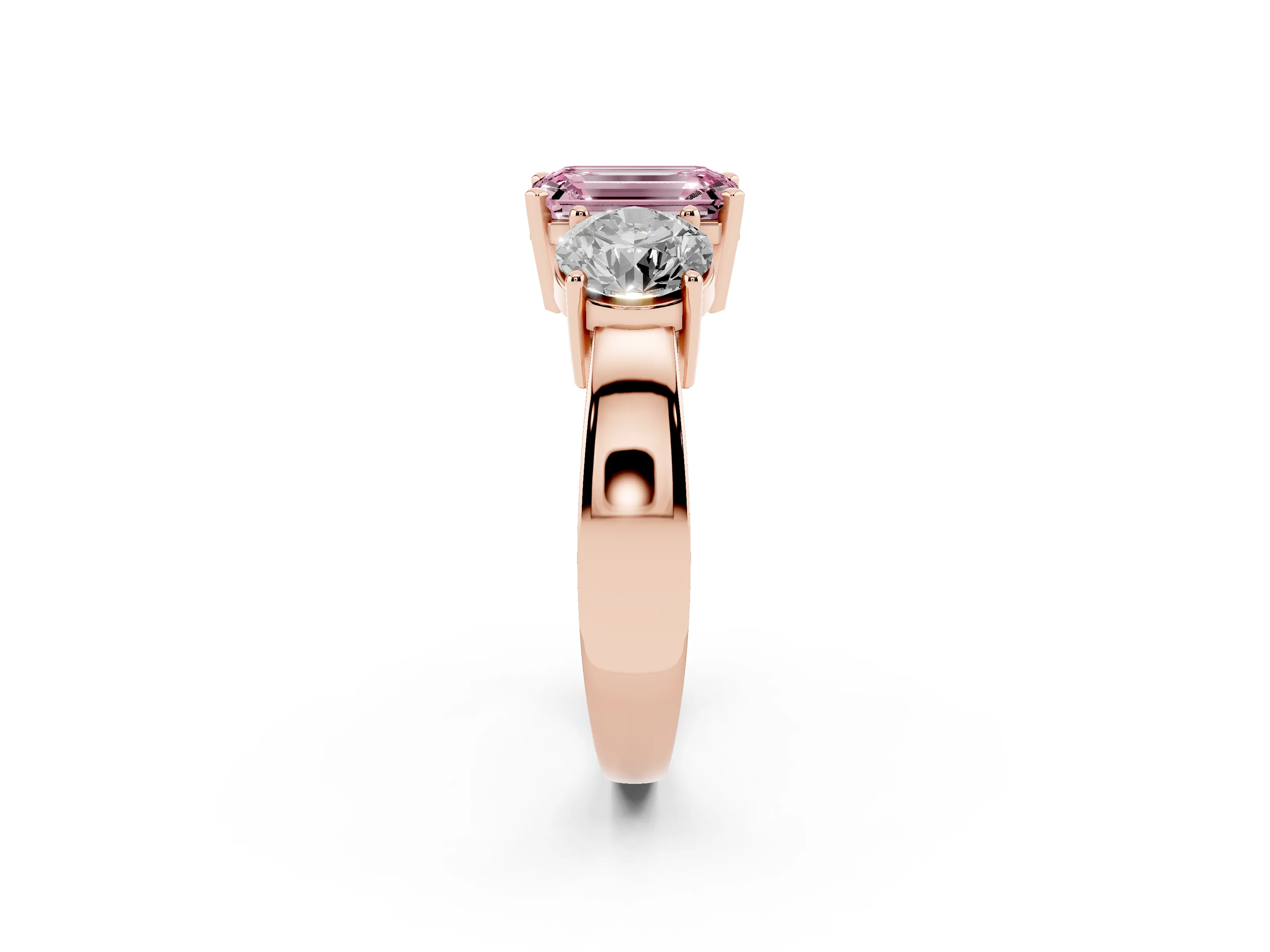 Fancy Pink Emerald Cut Diamond Three-Stone Ring Set in Rose gold with Round Side Stones and Classic Band