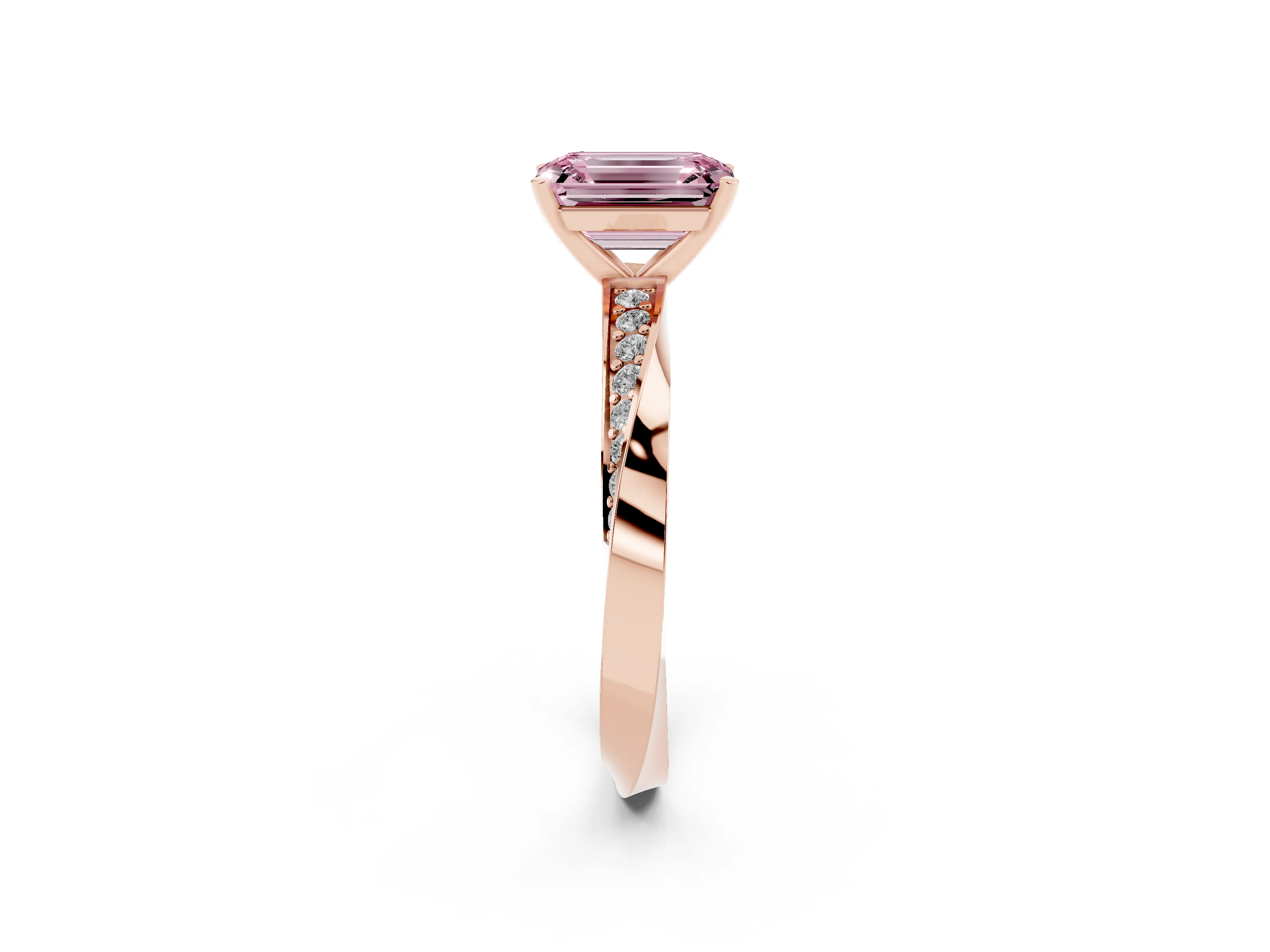 Fancy Pink Emerald Cut Diamond Engagement Ring Set in Rose gold with Side Stone Accents and Prong Setting