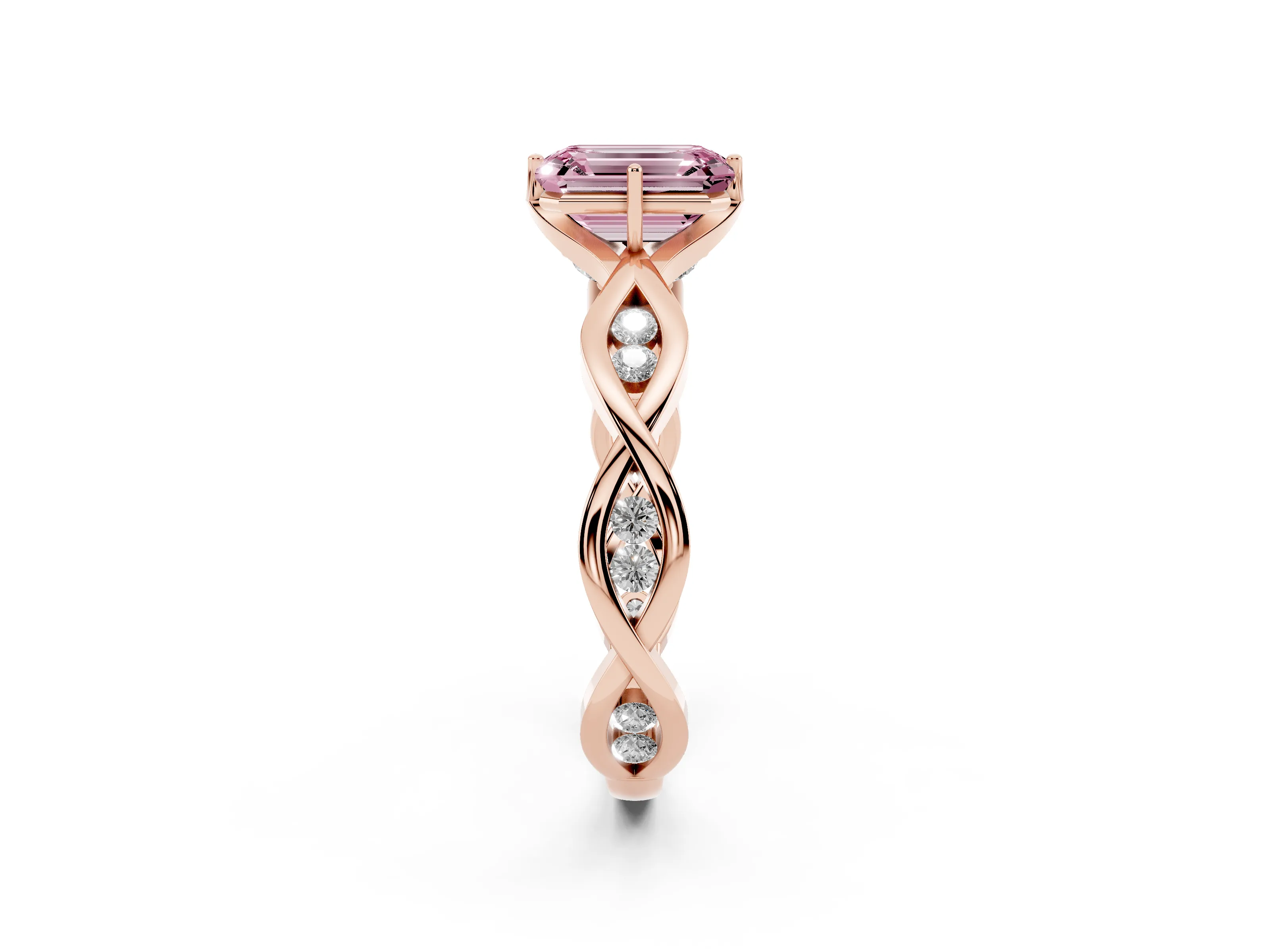 Fancy Pink Emerald Cut Diamond Twist Band Solitaire Ring Set in Rose gold with Leaf Prong Setting and Accent Stones